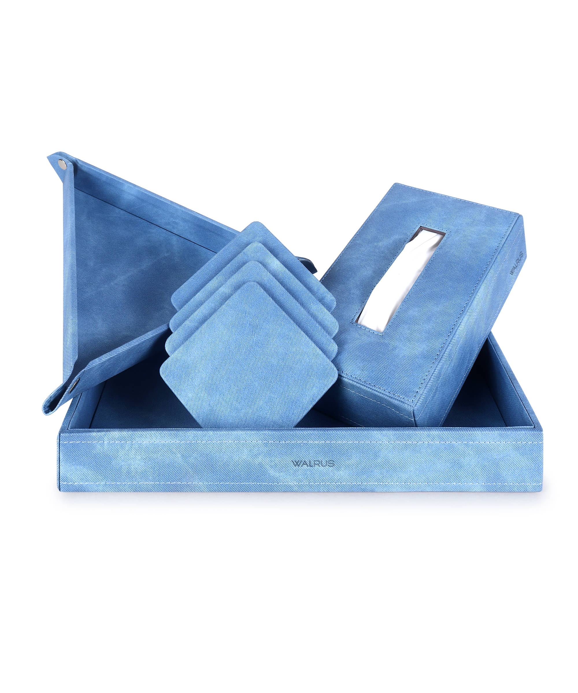     			Walrus Premium Denim Fabric Combo – Tray Organizer, Wooden Tissue Box & Coaster Set | Multipurpose Desk Organizer & Table Accessories for Home, Office, Car | Set of 4