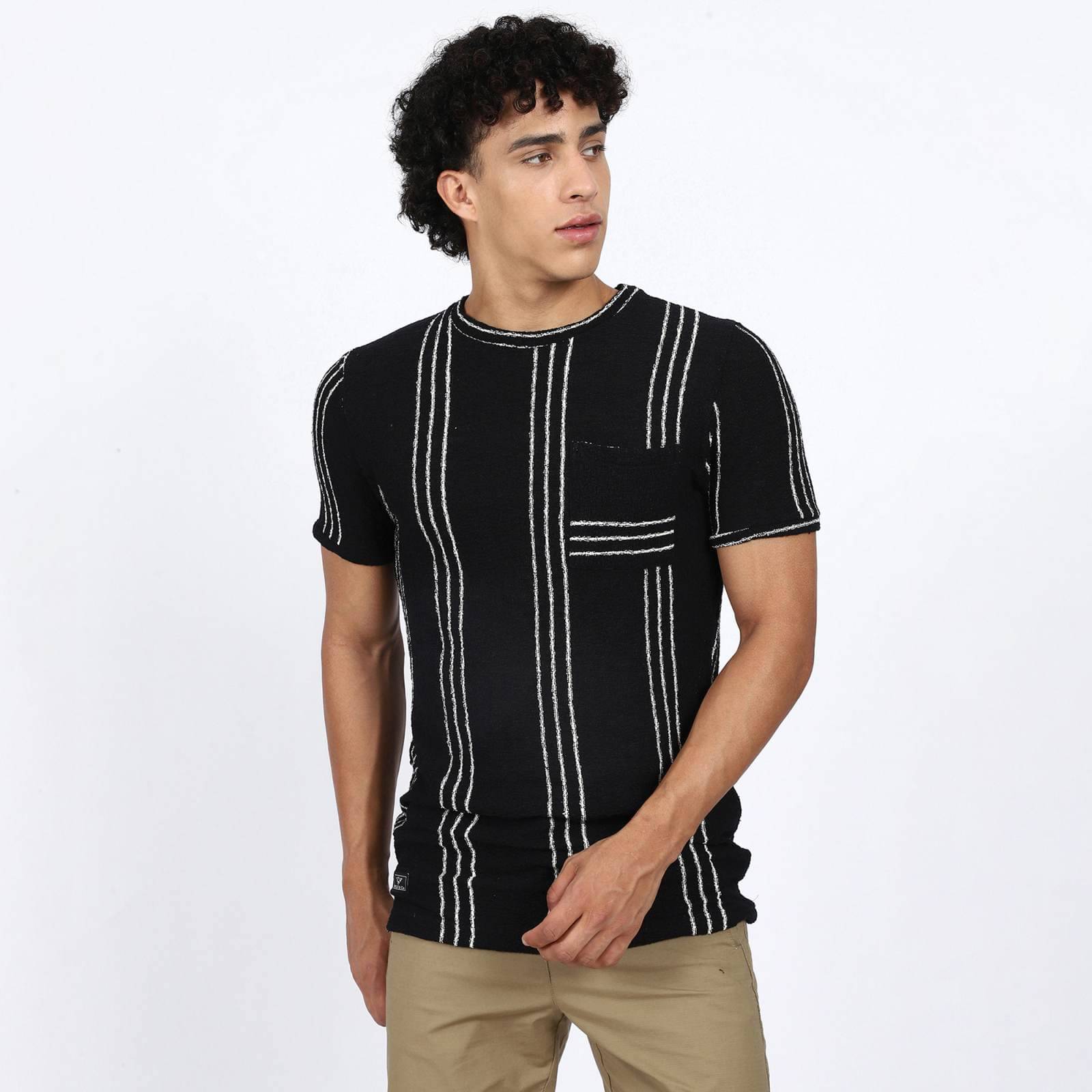     			Wolf & co. Men Cotton Regular Fit Striped T-Shirt ( Black )