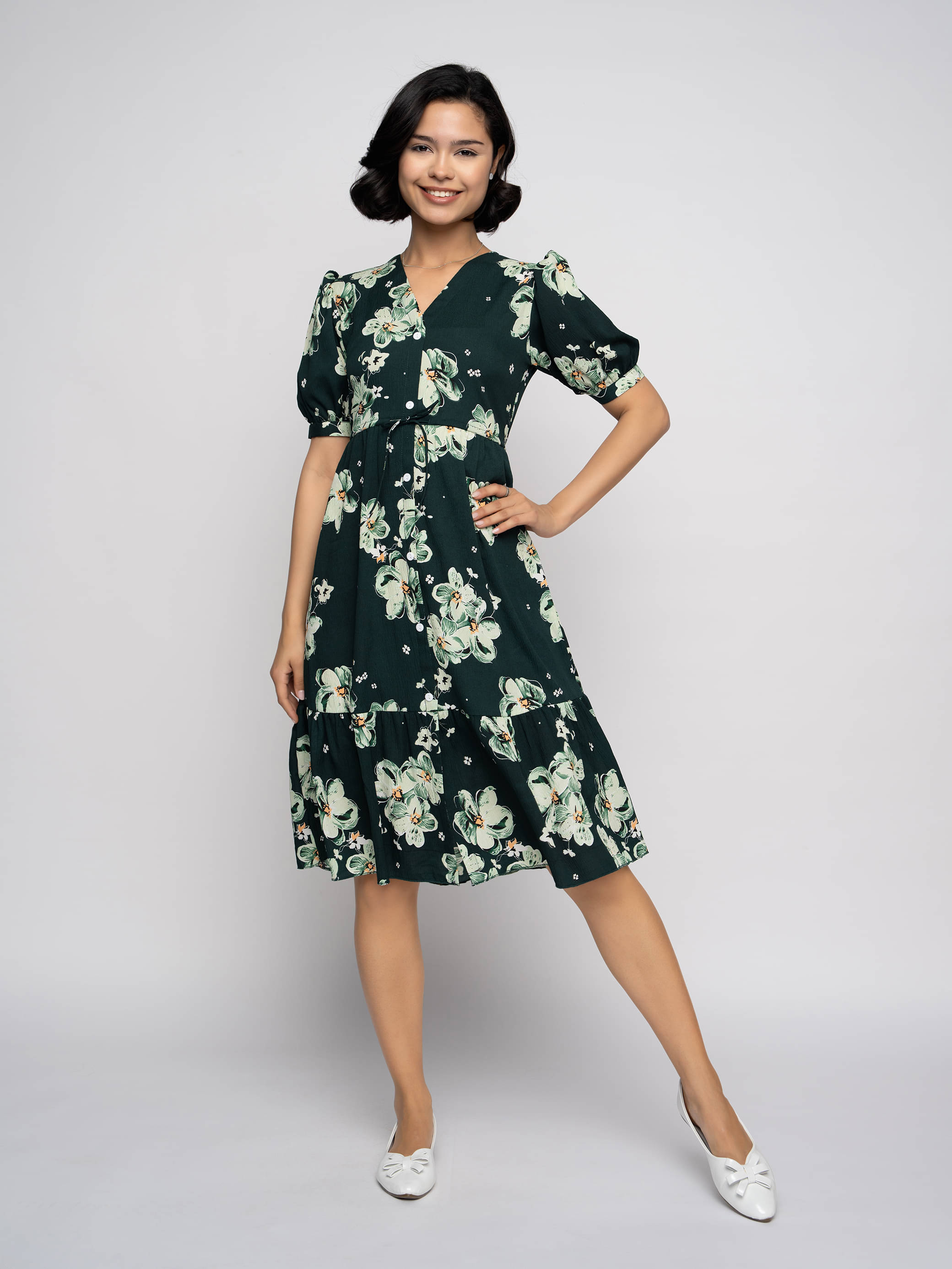     			aask Women Polyester Printed Fit & Flare Dress ( Green )