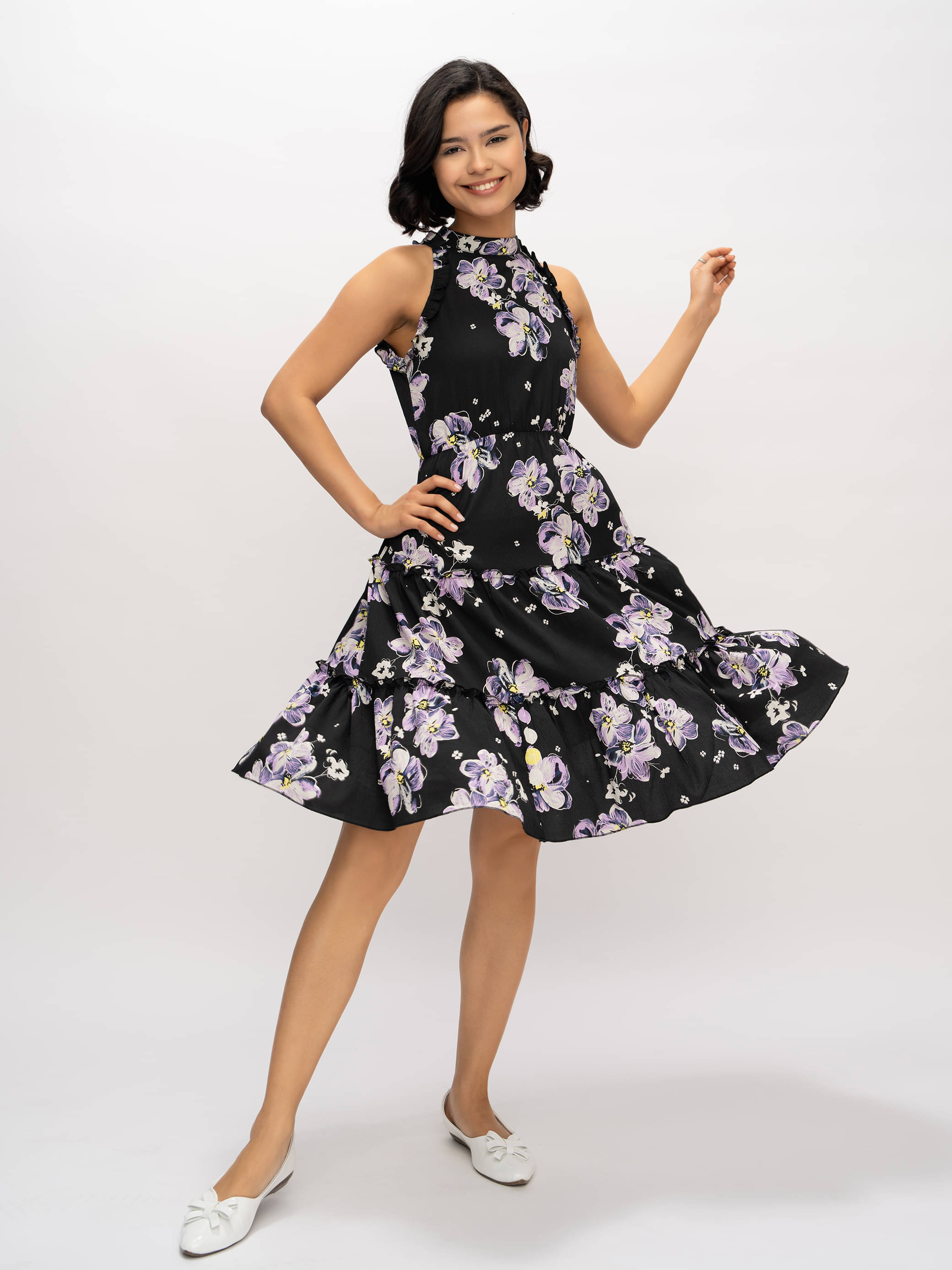 aask Women Polyester Printed Fit & Flare Dress ( Black ) aask Women Polyester Printed Fit & Flare Dress ( Black )