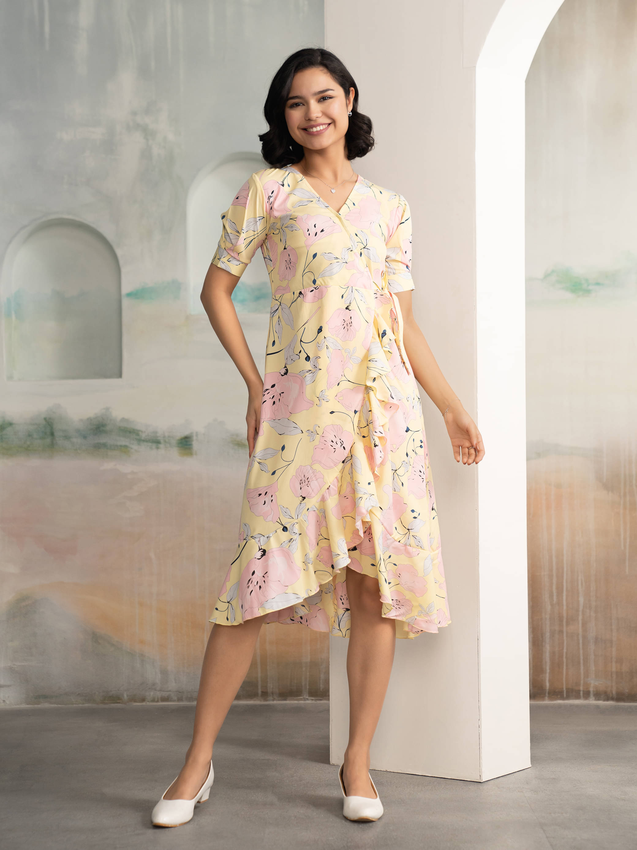 aask Women Polyester Printed Fit & Flare Dress ( Yellow )     			aask Women Polyester Printed Fit & Flare Dress ( Yellow )