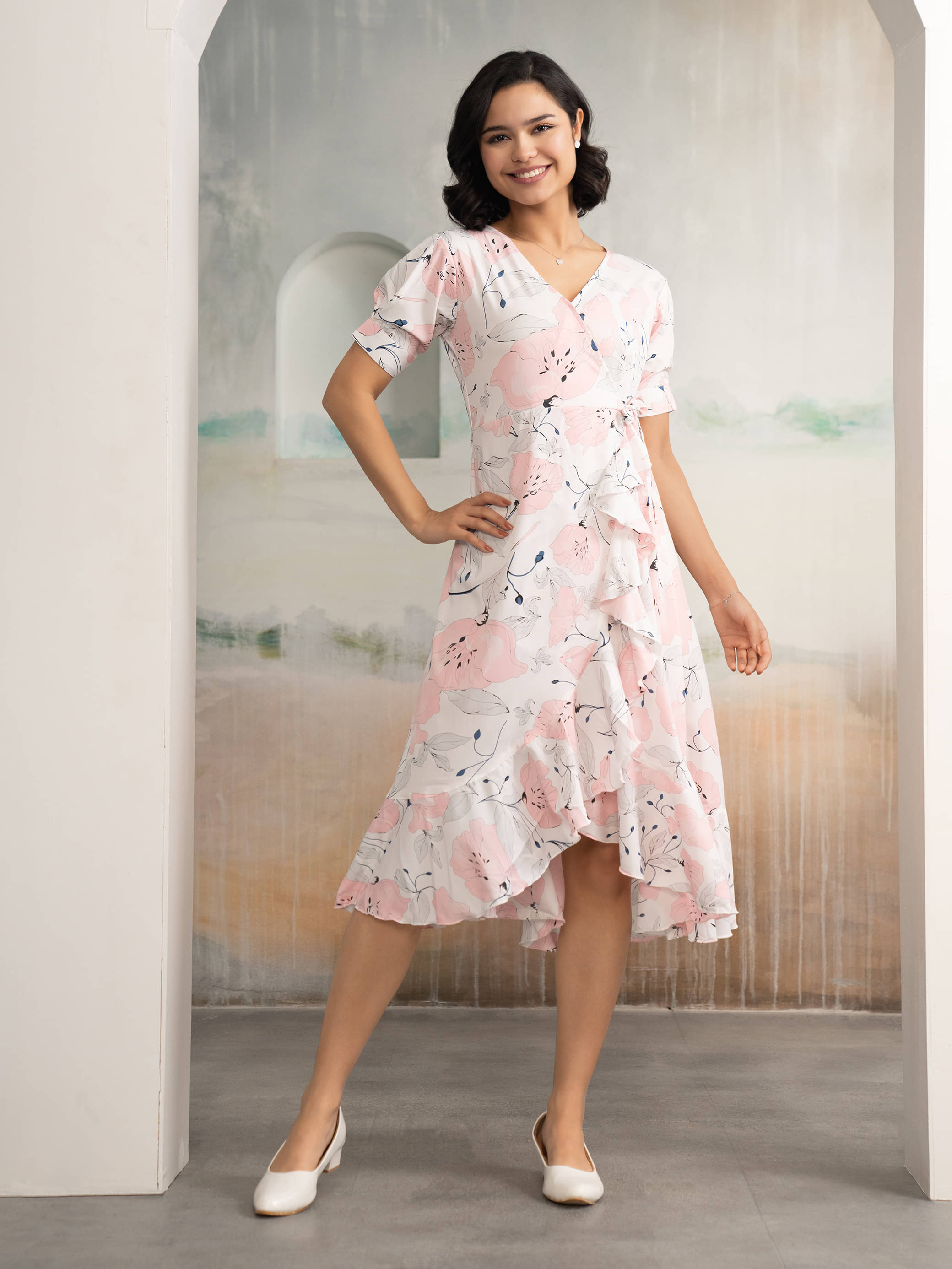 aask Women Polyester Printed Fit & Flare Dress ( White )     			aask Women Polyester Printed Fit & Flare Dress ( White )