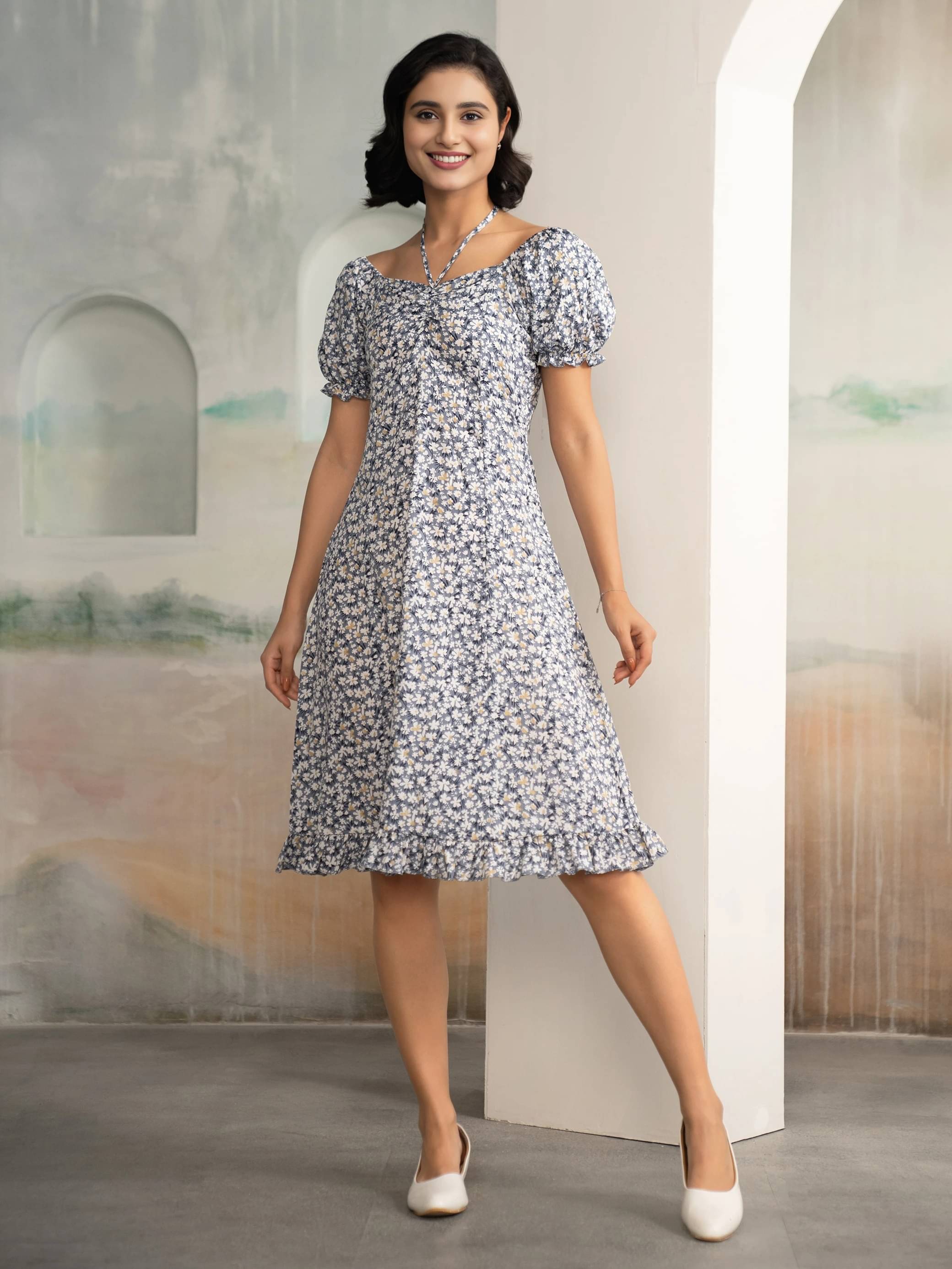 aask Women Polyester Printed Fit & Flare Dress ( Blue ) aask Women Polyester Printed Fit & Flare Dress ( Blue )