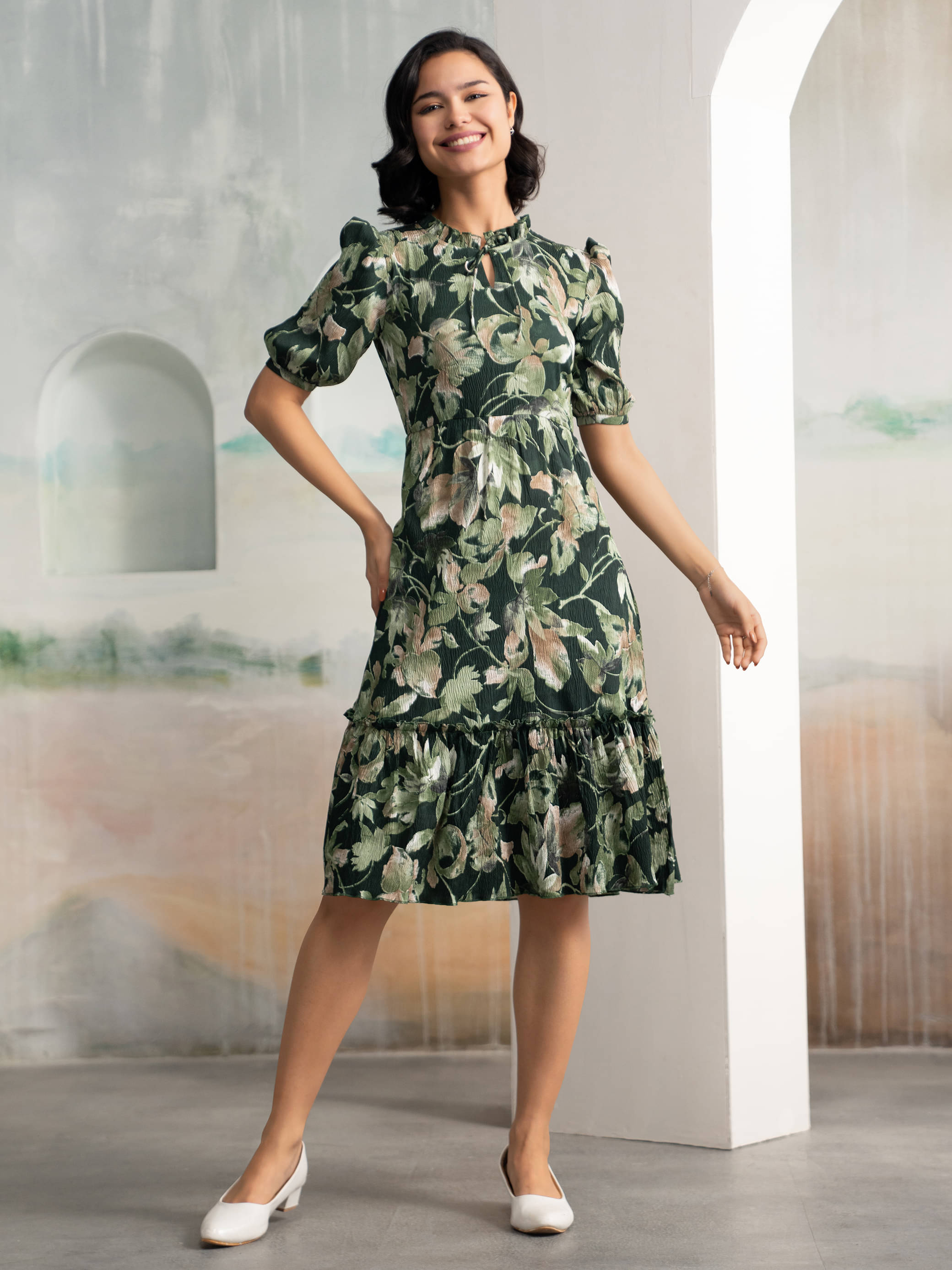 aask Women Polyester Printed Fit & Flare Dress ( Green )     			aask Women Polyester Printed Fit & Flare Dress ( Green )