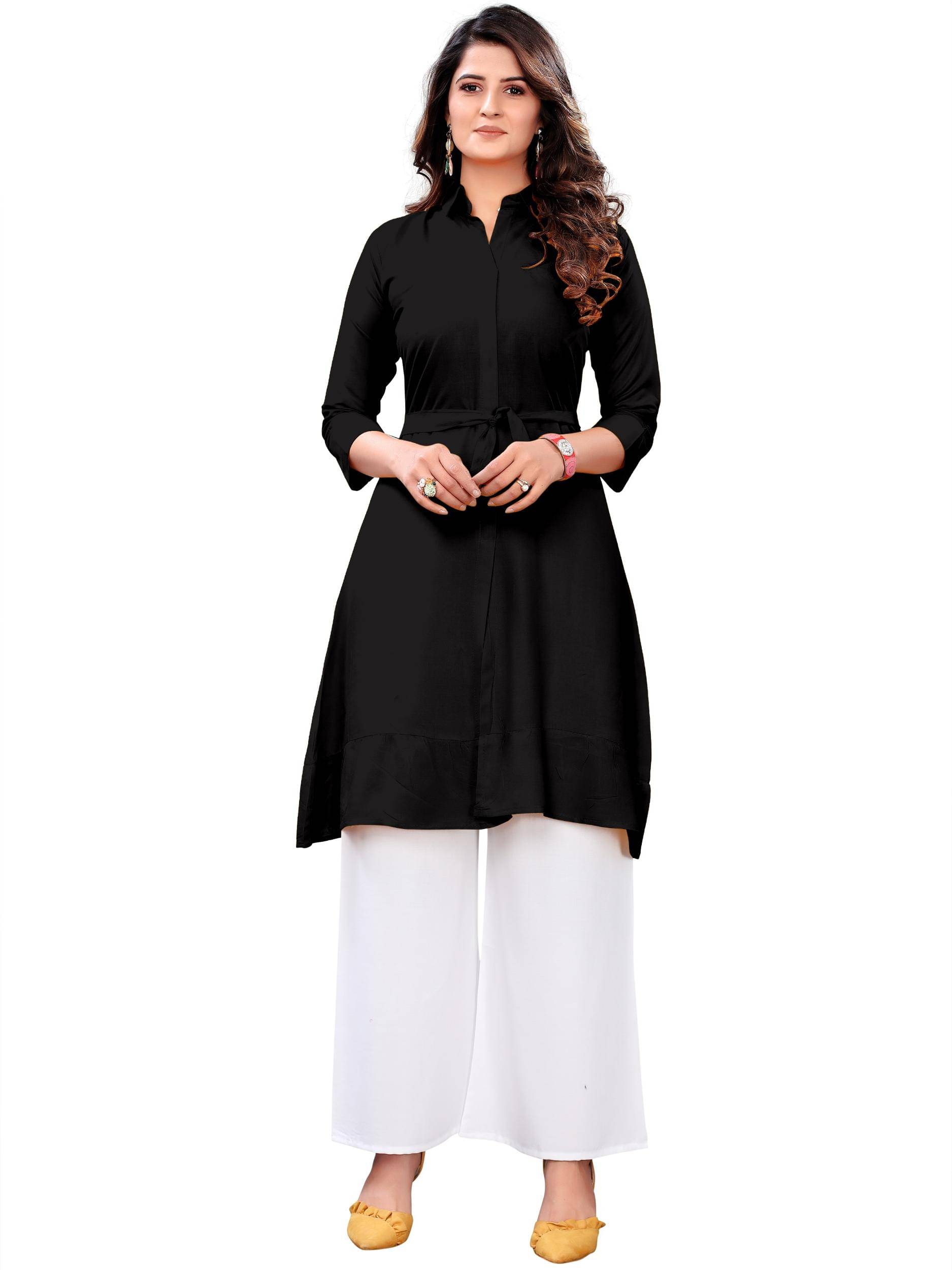 fvd Women Rayon Solid A-line Kurti With Palazzo ( Black ) fvd Women Rayon Solid A-line Kurti With Palazzo ( Black )