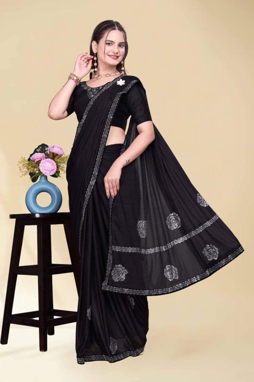     			A TO Z CART Lycra Embellished Phulkari saree With Unstitched Blouse Piece ( Black )