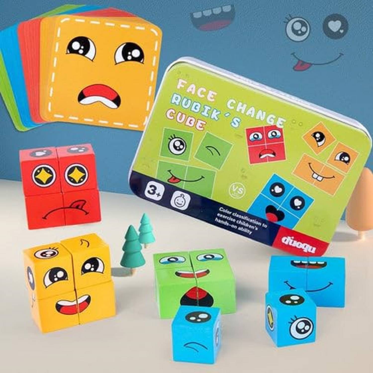     			Face Change Cube Game - Wooden Expressions Matching Puzzle, Rubik's Cube (16 Blocks, 72 Cards) with Tin Box | Safe & Non-Toxic, Eco-Friendly | Fun Educational Toy for Kids