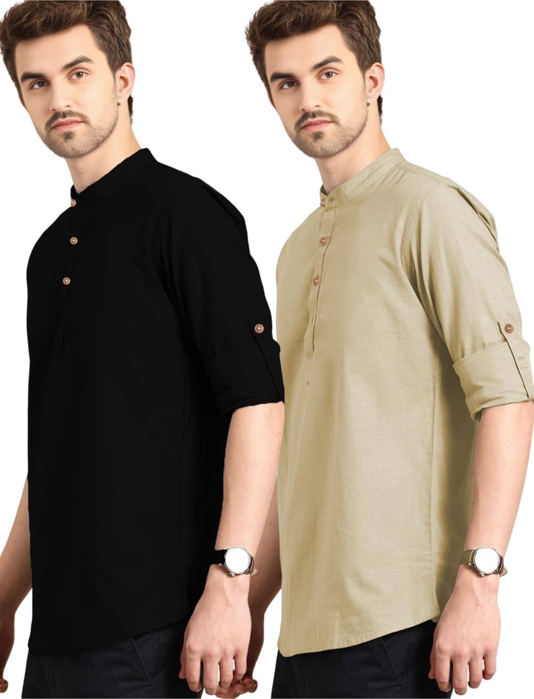     			GOD HEART Beige Cotton Men's Shirt Style Kurta ( Pack of 2 )