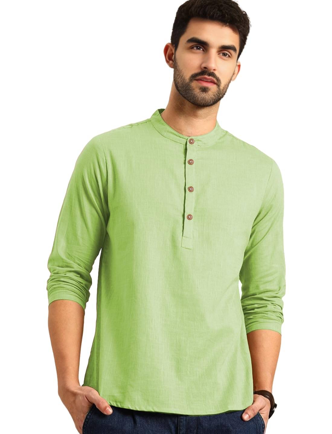     			GOD HEART Sea Green Cotton Men's Shirt Style Kurta ( Pack of 1 )