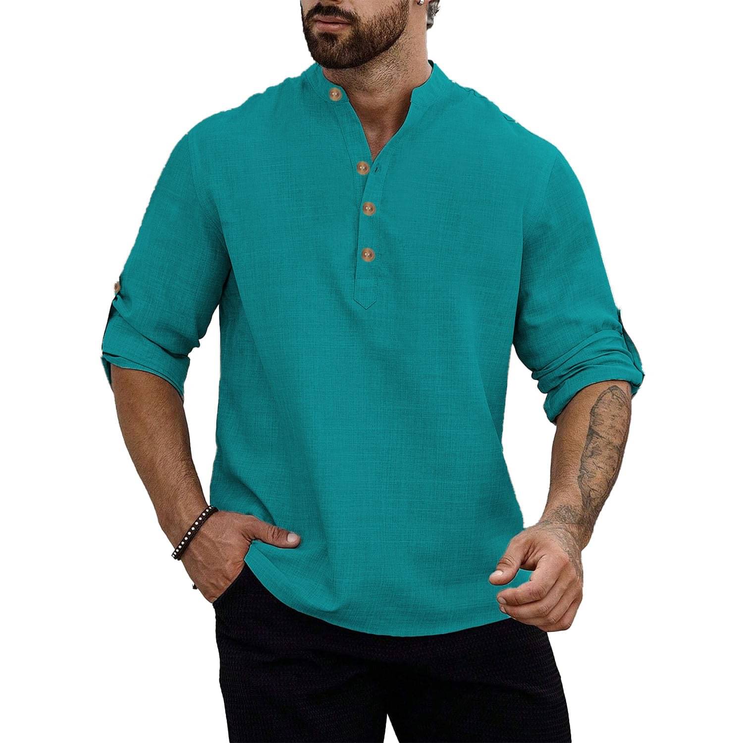 GOD HEART Turquoise Cotton Men's Shirt Style Kurta ( Pack of 1 )     			GOD HEART Turquoise Cotton Men's Shirt Style Kurta ( Pack of 1 )