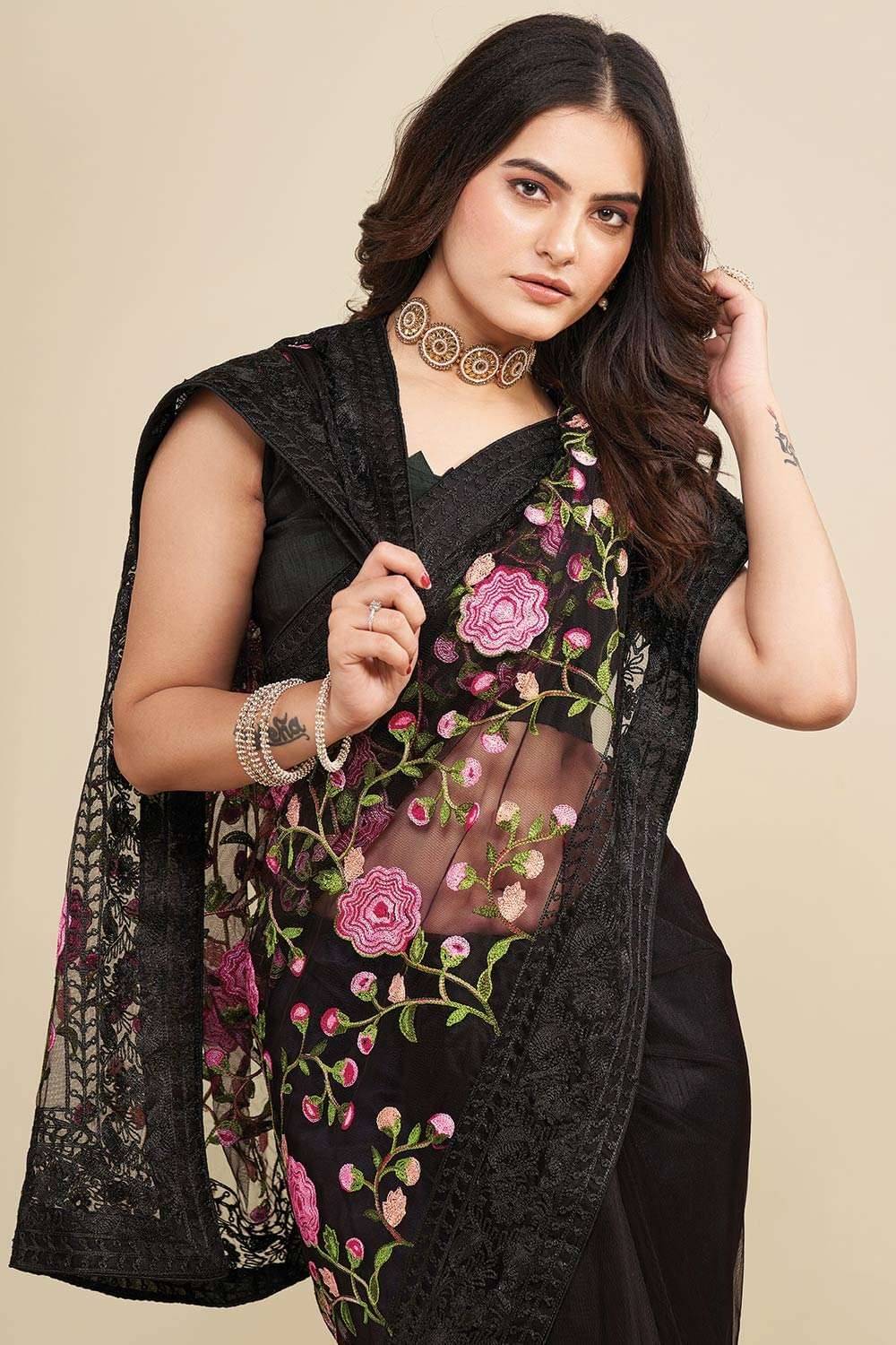 Keyura Net Embroidered Leheriya Saree With Unstitched Blouse Piece ( Black ) Keyura Net Embroidered Leheriya Saree With Unstitched Blouse Piece ( Black )