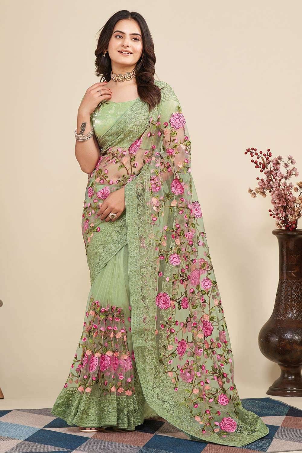     			Keyura Net Embroidered Leheriya Saree With Unstitched Blouse Piece ( Mint Green )