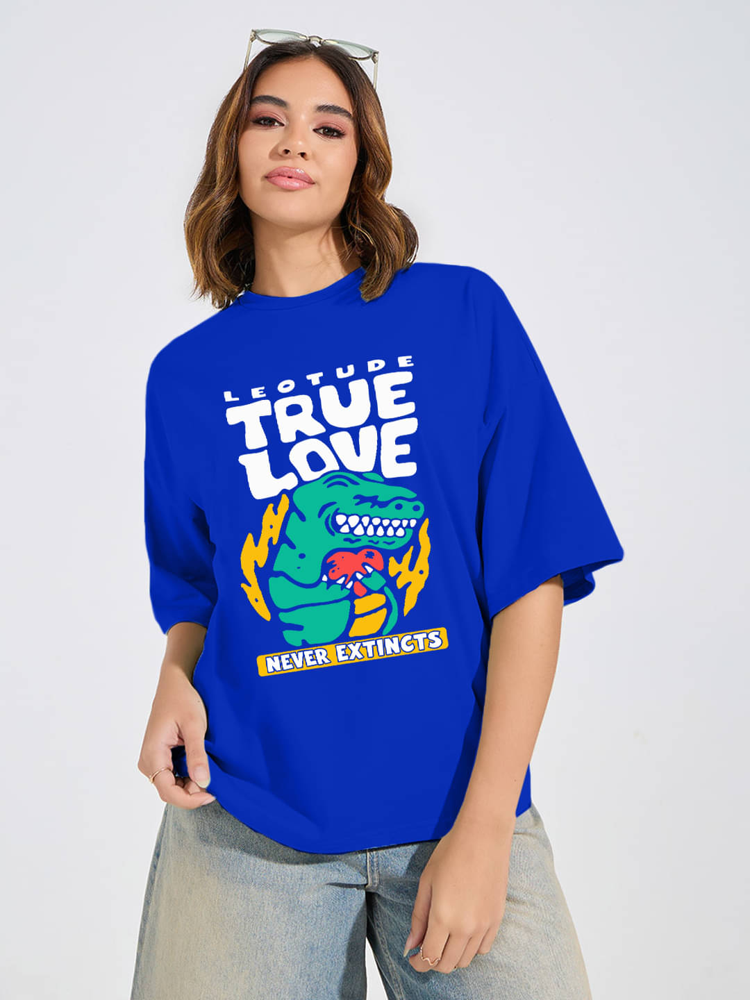     			Leotude Women Cotton Blend Printed Oversized Fit Round Neck T-Shirt ( Blue )