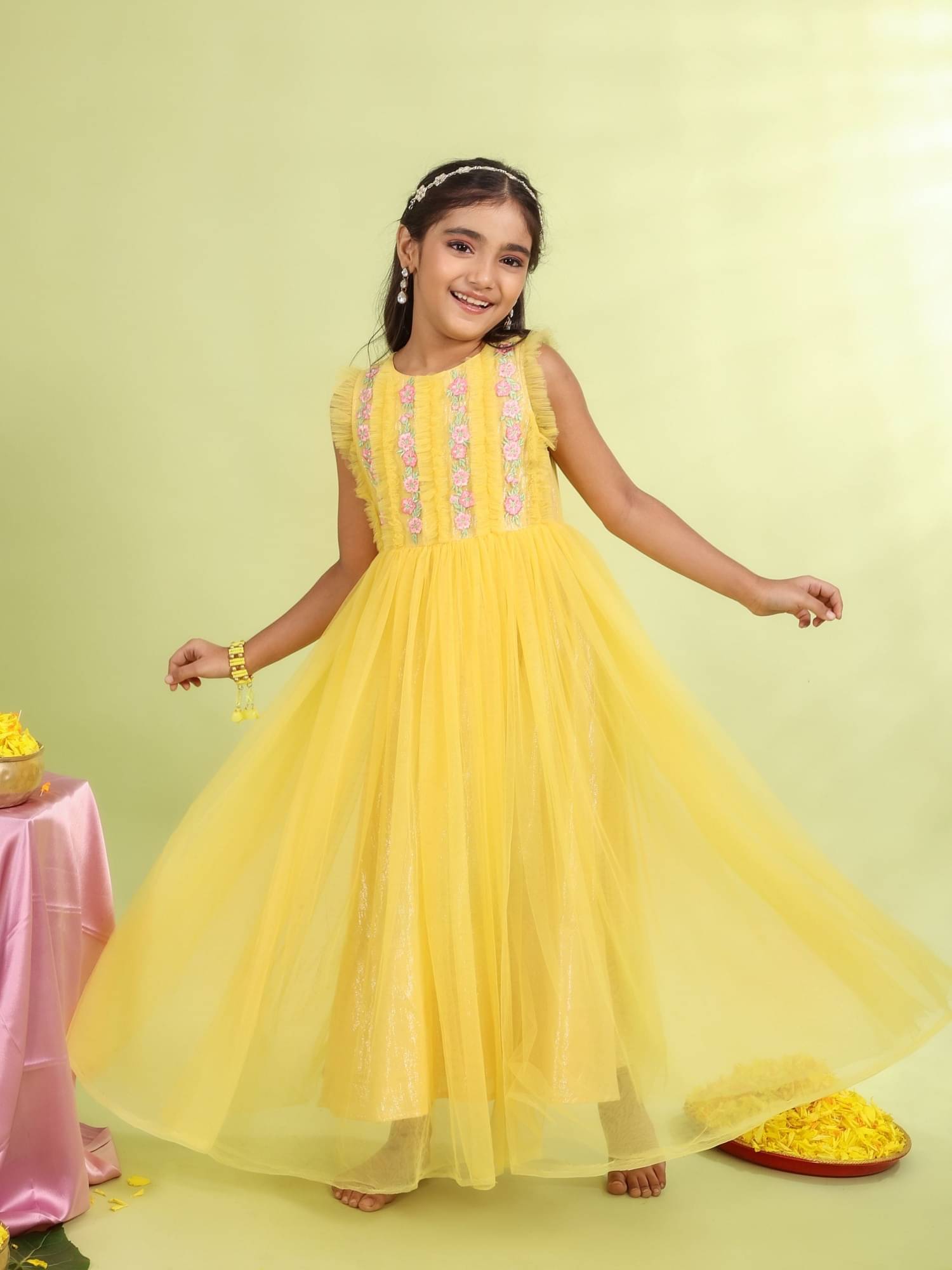     			MASTARANG Net Dress For Girls ( Pack of 1 , Lemon )
