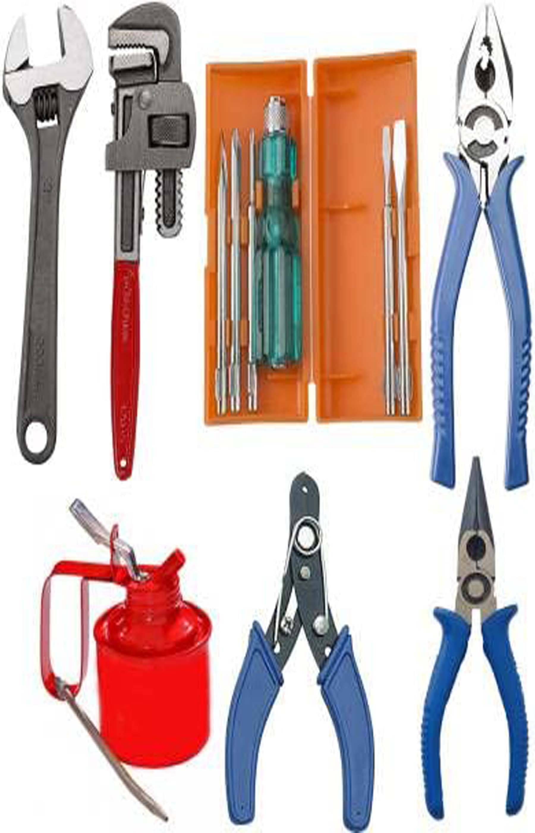     			MS AGROTECH Pack of 7 Tool Kits Set for Home (Contains Wire Stripper, 8 Inch Combination Plier, 10 Inch Pipe Wrench, Adjustable Spanner, Screwdriver, Nose Plier, Oil Can) Multicolour