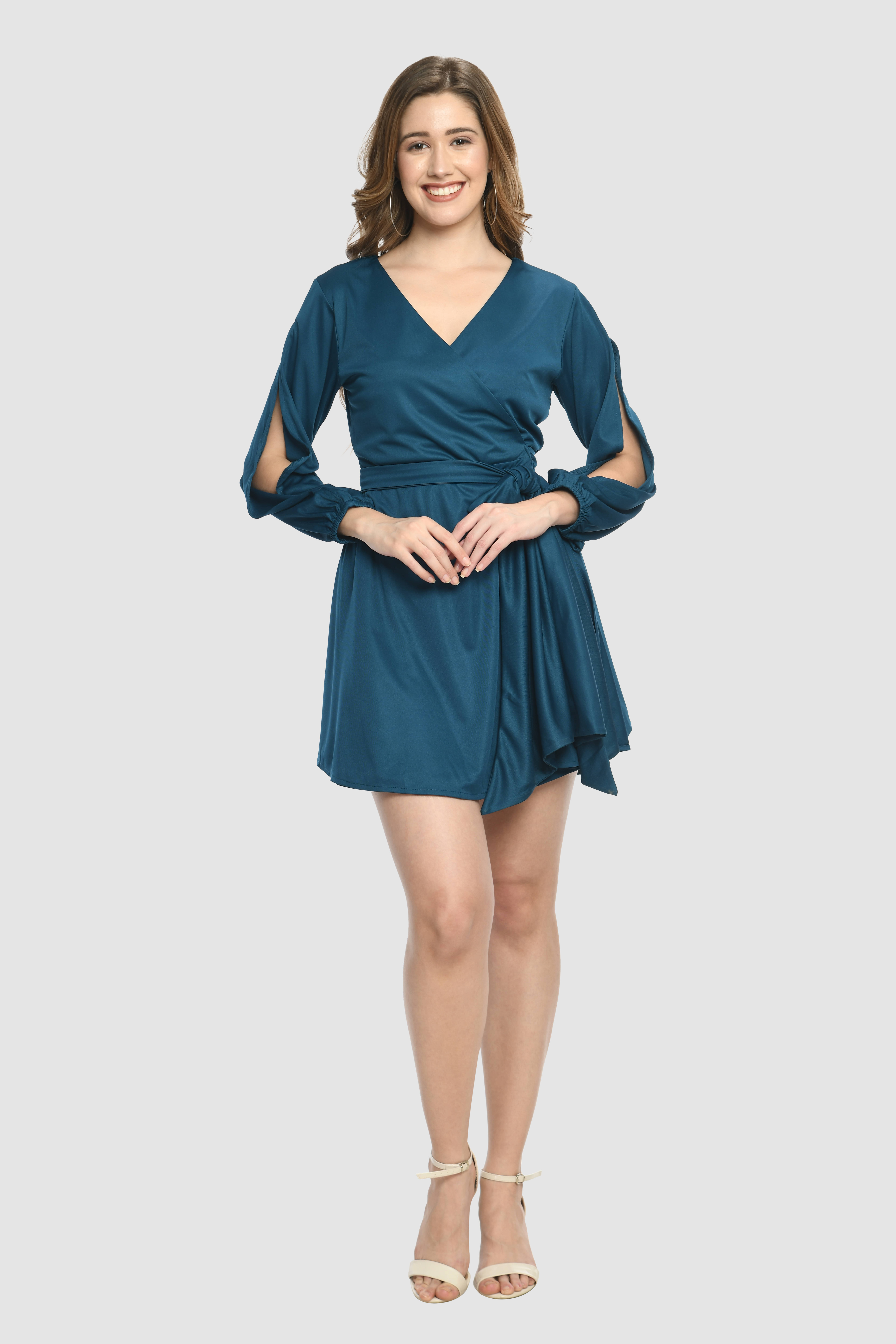     			PREEGO Women Viscose Self Design Wrap Dress ( Blue )