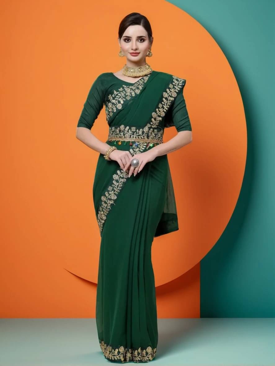     			Prazvika Georgette Embroidered Chanderi saree With Unstitched Blouse Piece ( Green )