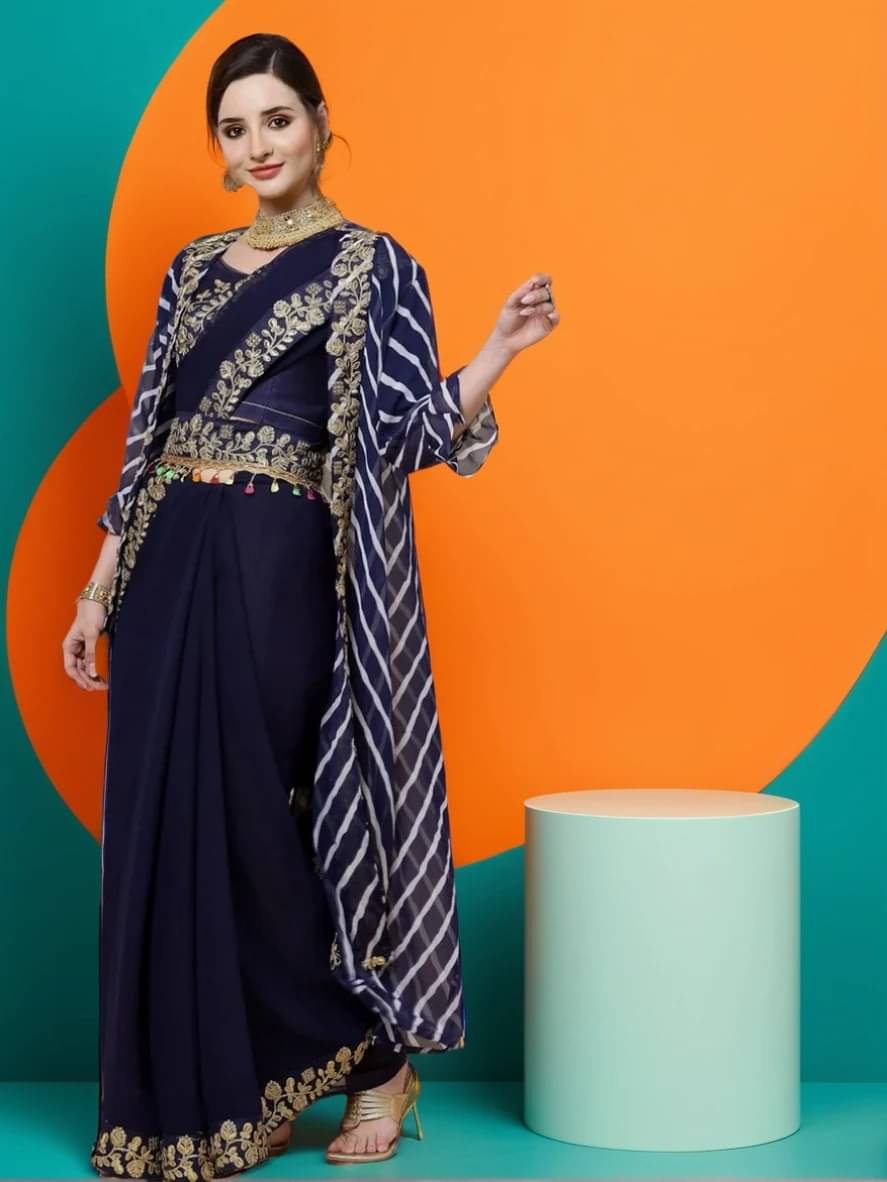     			Prazvika Georgette Embroidered Chanderi saree With Unstitched Blouse Piece ( Navy Blue )