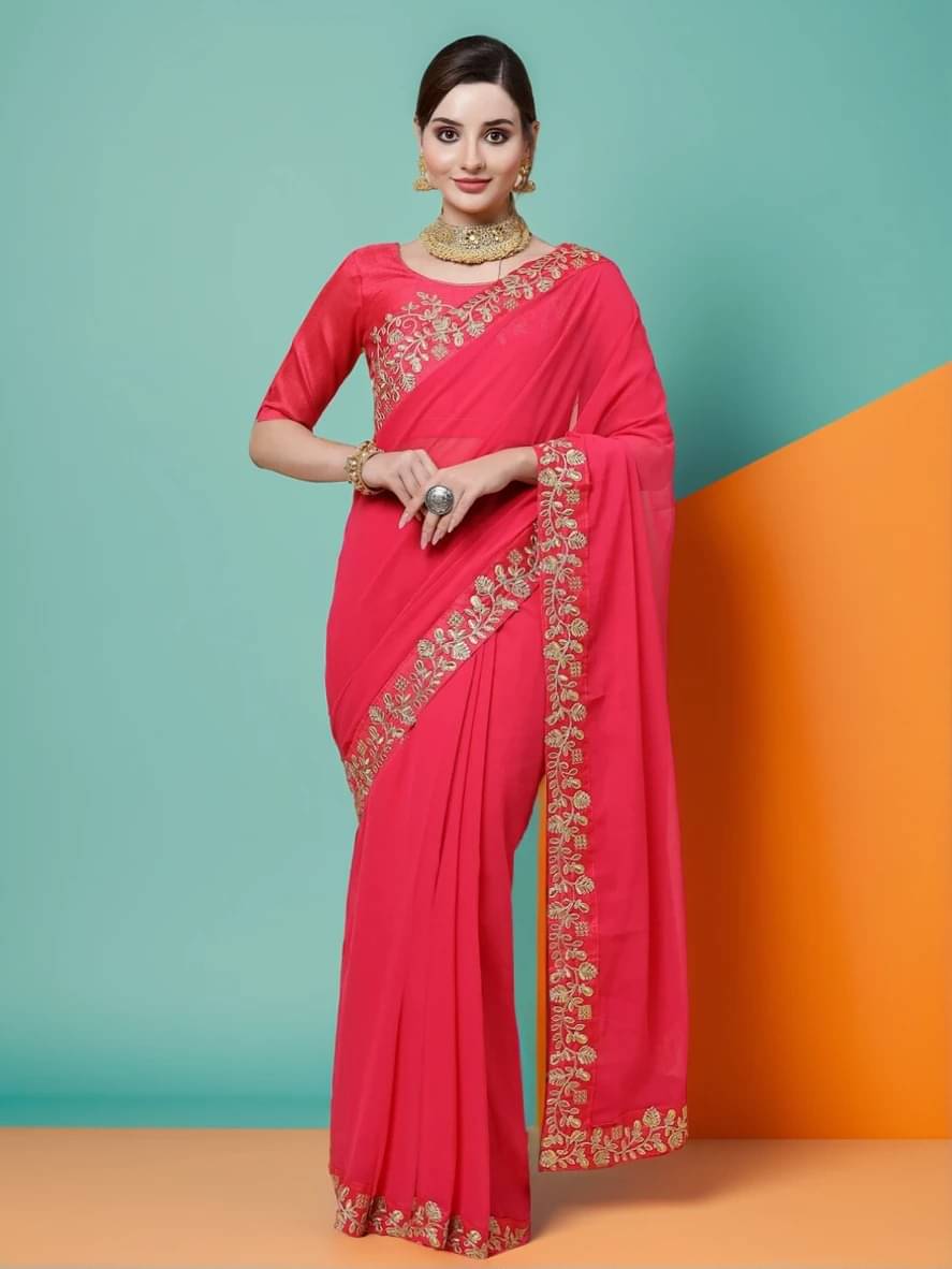     			Prazvika Georgette Embroidered Chanderi saree With Unstitched Blouse Piece ( Pink )