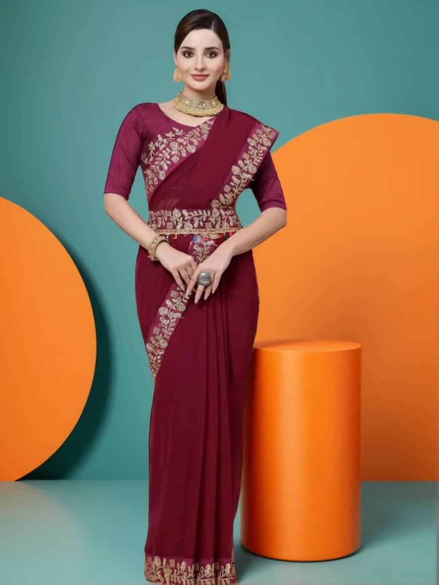     			Prazvika Georgette Embroidered Chanderi saree With Unstitched Blouse Piece ( Purple )