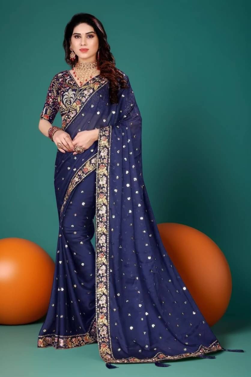     			Prazvika Georgette Embroidered Chanderi saree With Unstitched Blouse Piece ( Navy Blue )