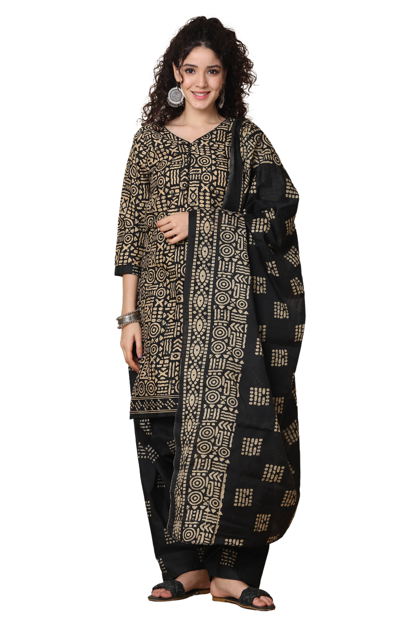     			Rajnandini Women Cotton Blend Printed Straight Kurti With Patiala Salwar ( Beige )