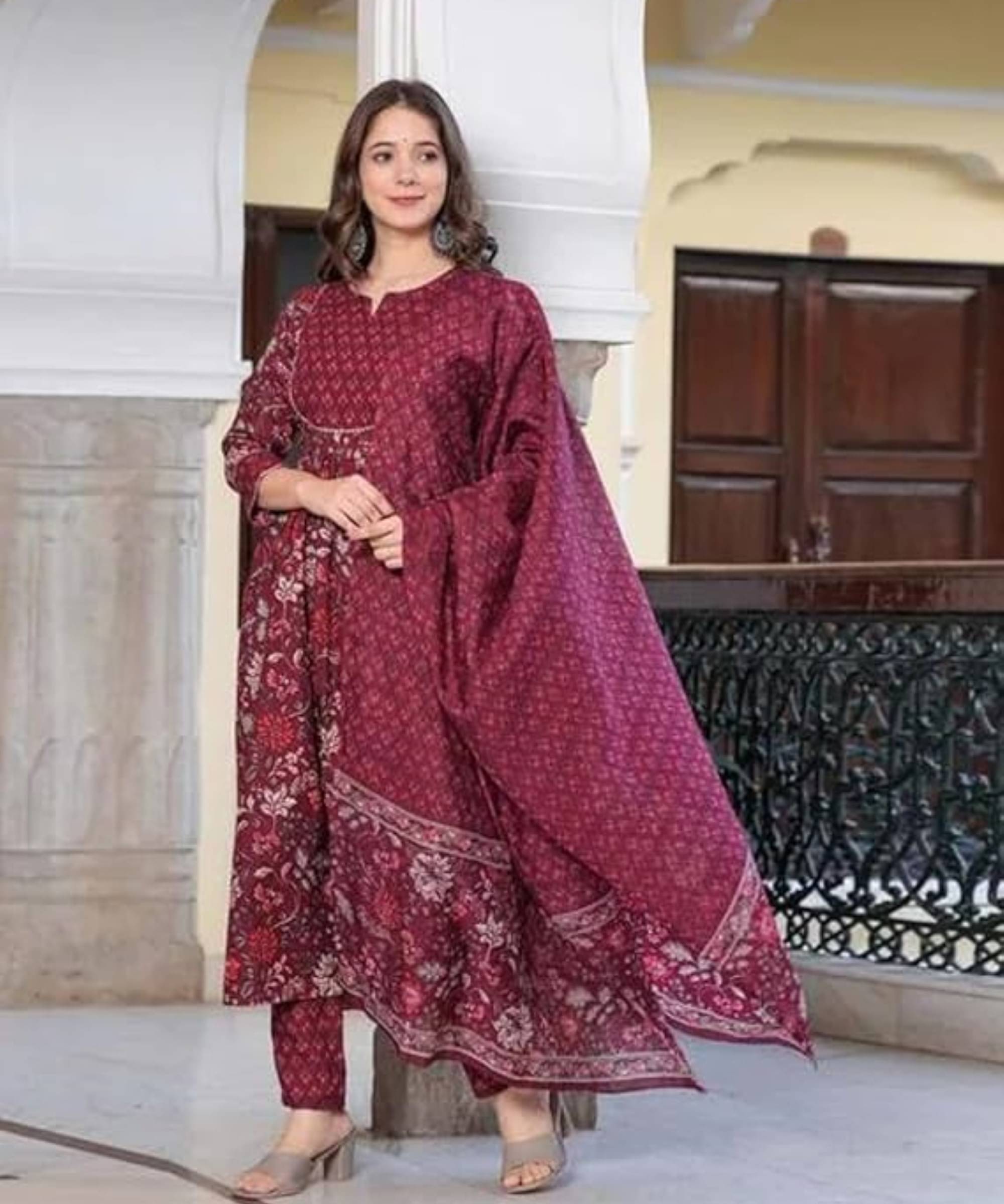 Rajnandini Women Cotton Printed Anarkali Kurti With Pants ( Maroon ) Rajnandini Women Cotton Printed Anarkali Kurti With Pants ( Maroon )