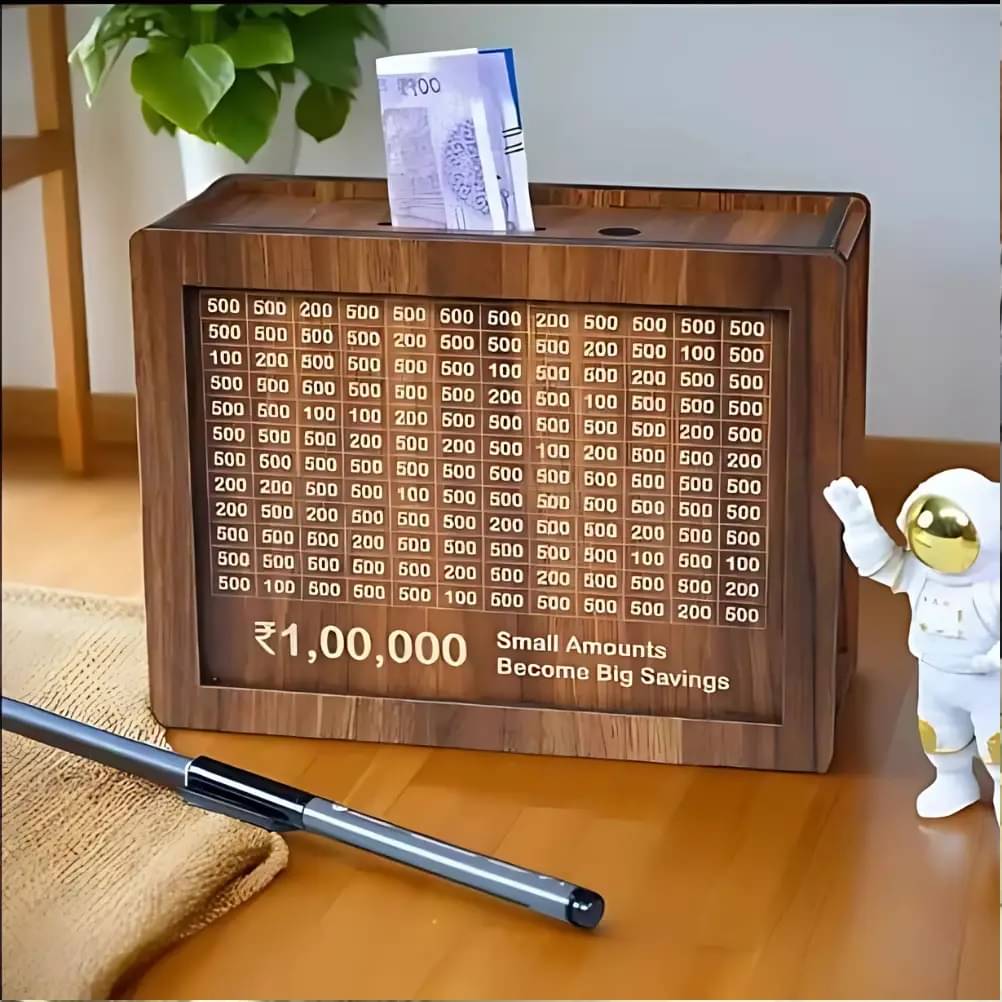    			Wooden Piggy Money Bank Saving Box With Saving Target Upto 1 Lakh (Brown)