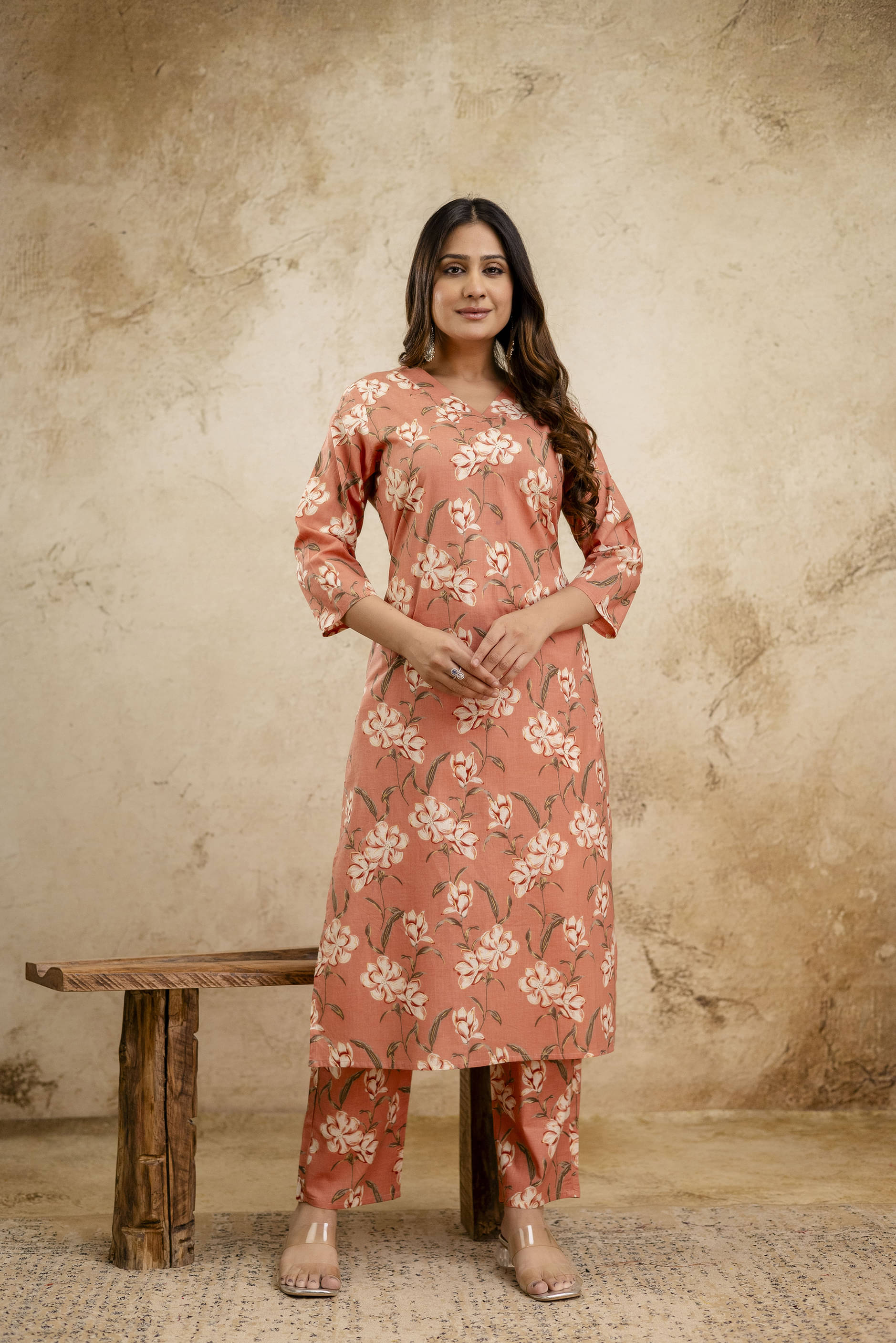     			VESHVITI Women Cotton Printed Straight Kurti With Pants ( Orange )