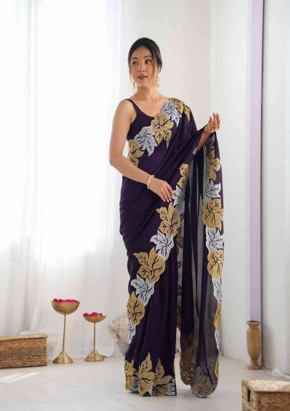 krishna trends Georgette Embroidered Chikankari Saree With Unstitched Blouse Piece ( Wine )     			krishna trends Georgette Embroidered Chikankari Saree With Unstitched Blouse Piece ( Wine )