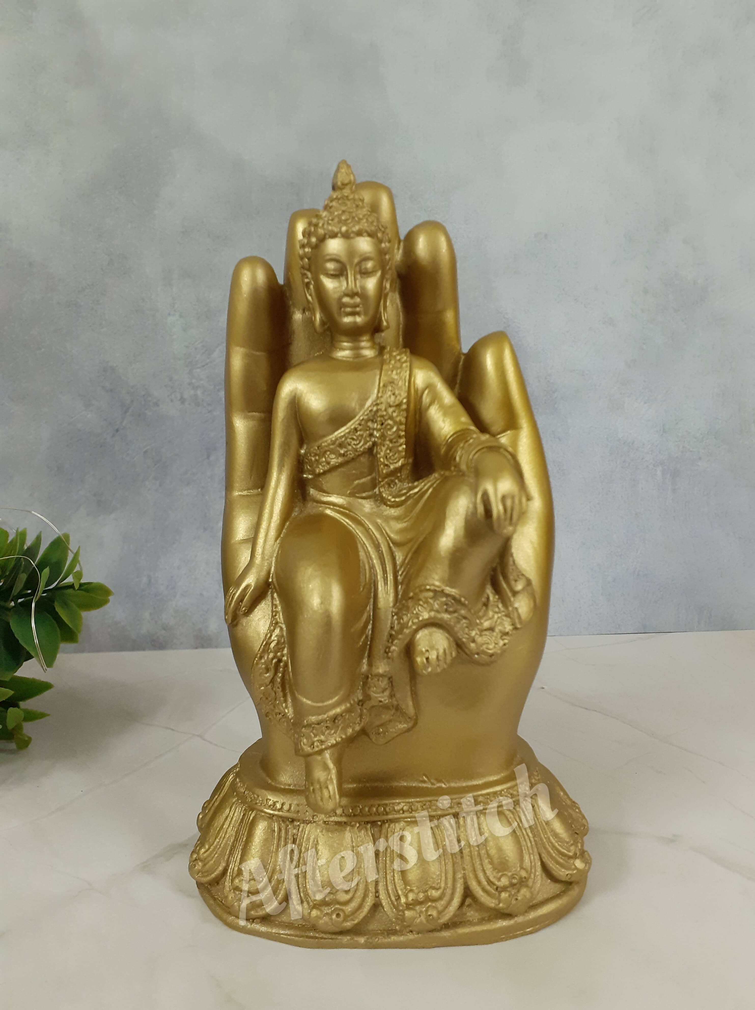 AFTERSTITCH Gautam Buddha Golden Palm Idol Statue for Home Office Living Room Table Decor Showpiece for Garden Decoration Sitting Big Size