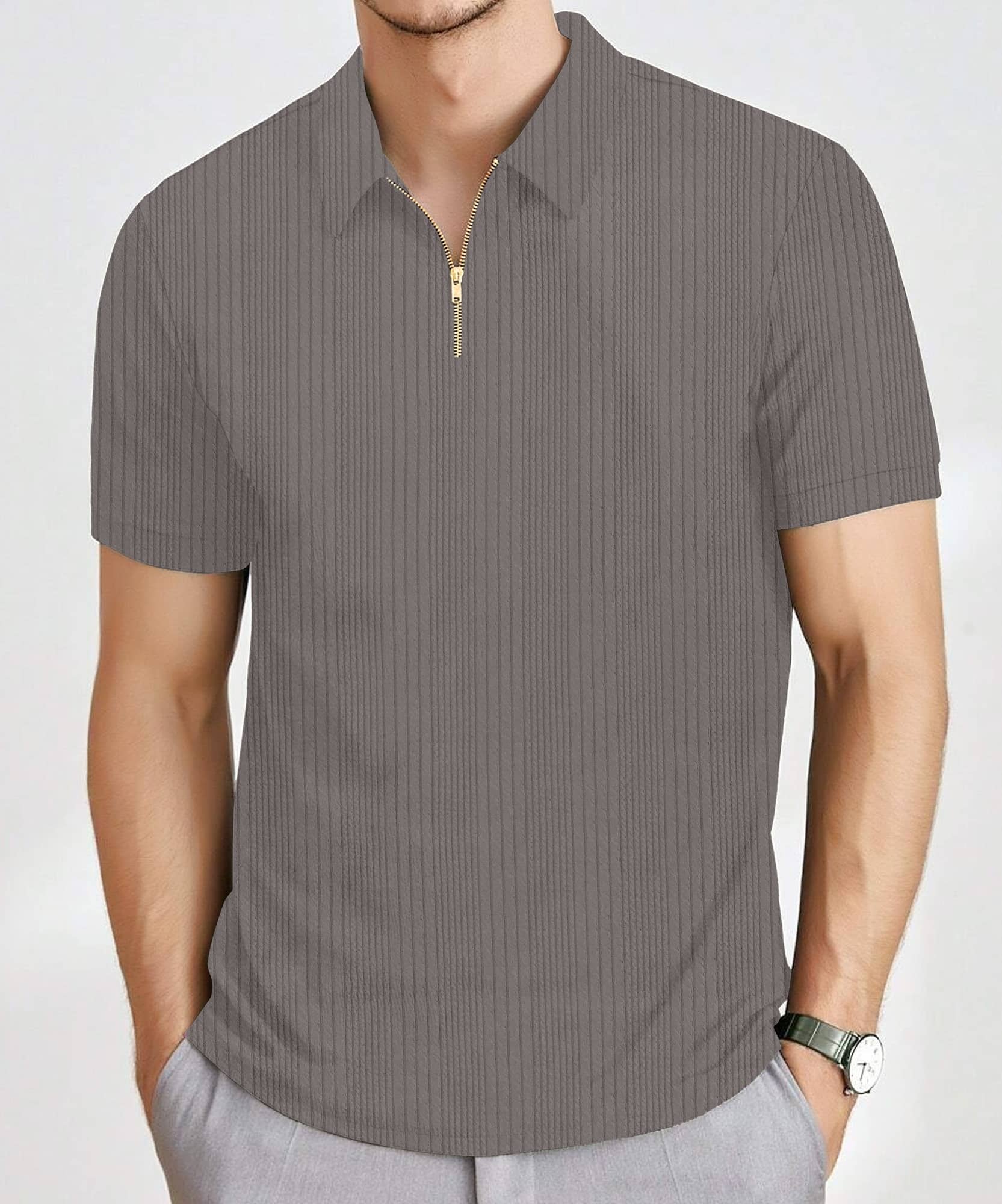 KAJARU Men Polyester Regular Fit Self Design Polo T Shirt ( Grey )
