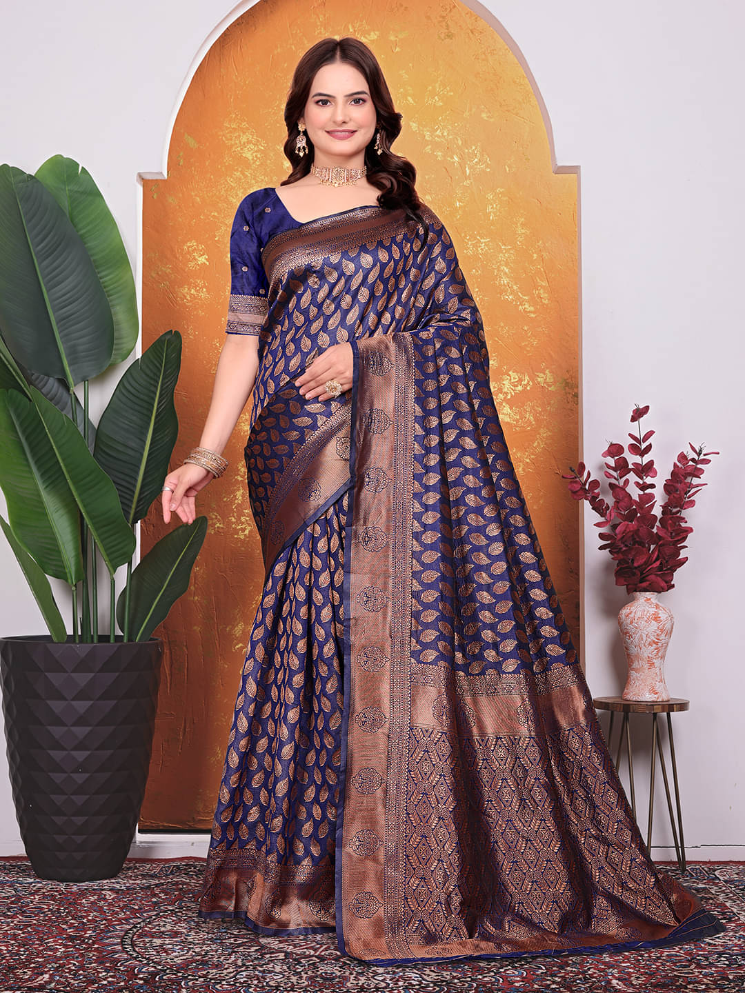 Kanooda Prints Silk Blend Embellished Banarasi saree With Unstitched Blouse Piece ( Blue ) Kanooda Prints Silk Blend Embellished Banarasi saree With Unstitched Blouse Piece ( Blue )