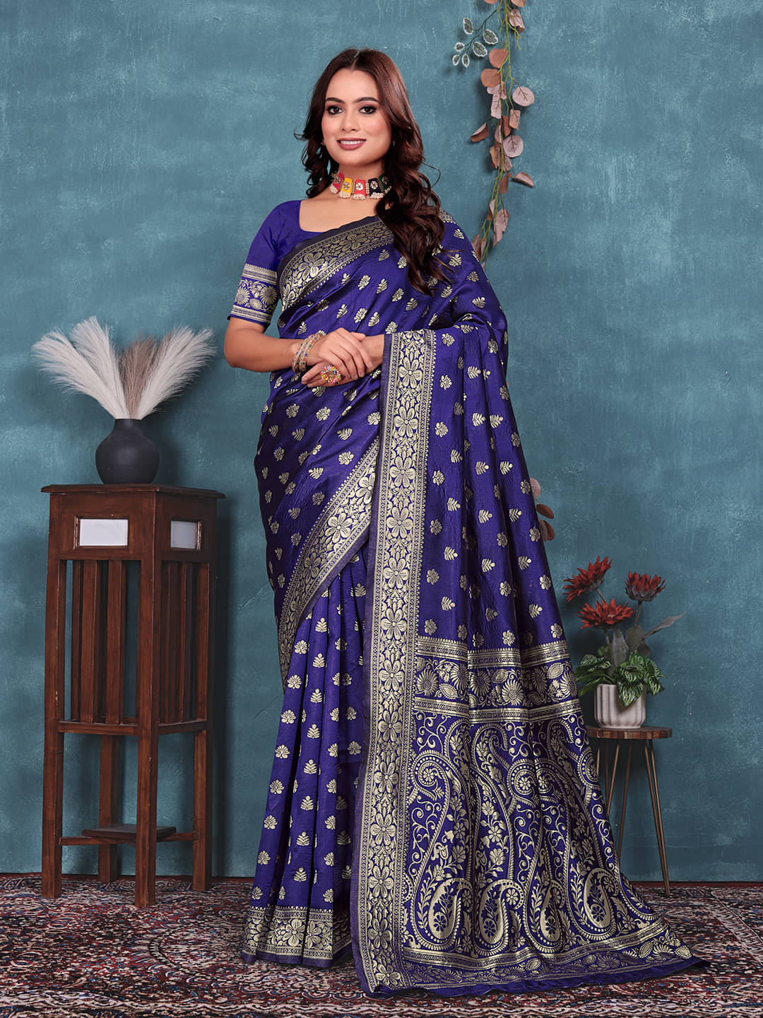Kanooda Prints Silk Blend Embellished Banarasi saree With Unstitched Blouse Piece ( Navy Blue ) Kanooda Prints Silk Blend Embellished Banarasi saree With Unstitched Blouse Piece ( Navy Blue )