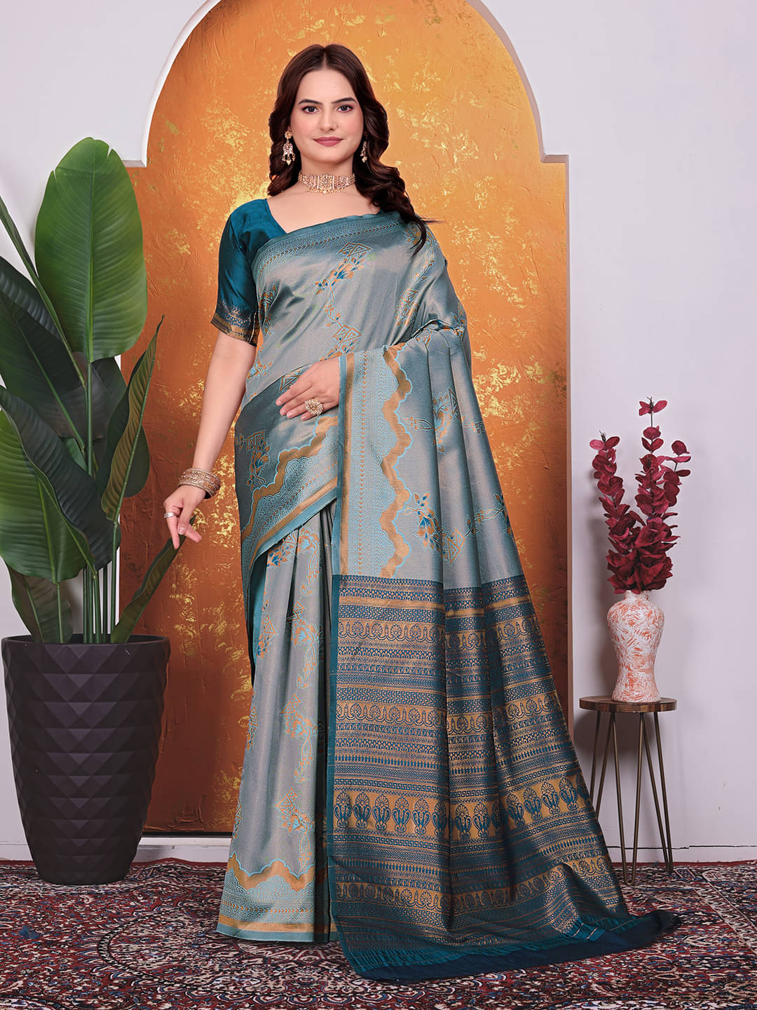 Kanooda Prints Silk Blend Embellished Banarasi saree With Unstitched Blouse Piece ( Rama ) Kanooda Prints Silk Blend Embellished Banarasi saree With Unstitched Blouse Piece ( Rama )