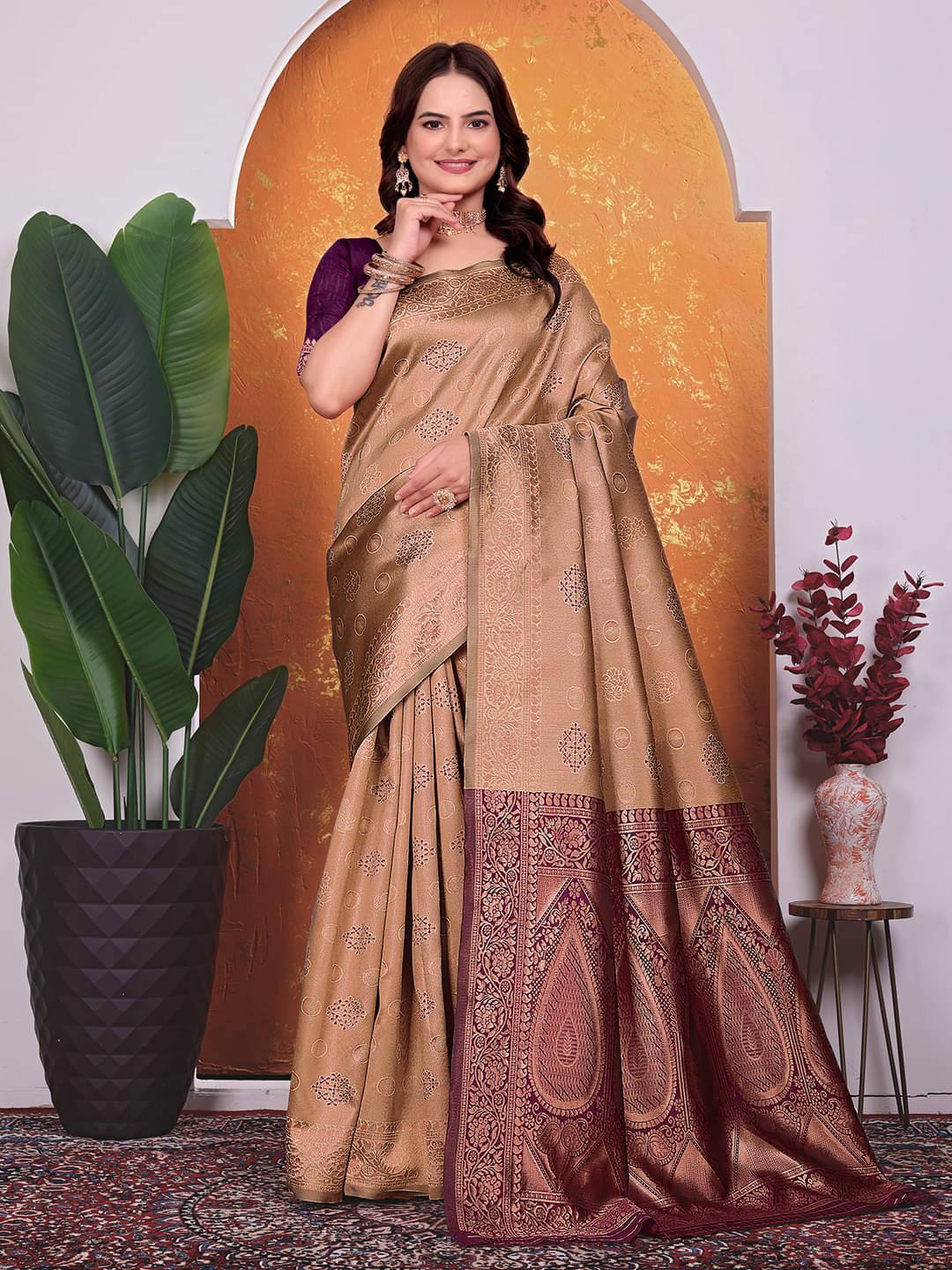 Kanooda Prints Silk Blend Embellished Banarasi saree With Unstitched Blouse Piece ( Beige ) Kanooda Prints Silk Blend Embellished Banarasi saree With Unstitched Blouse Piece ( Beige )