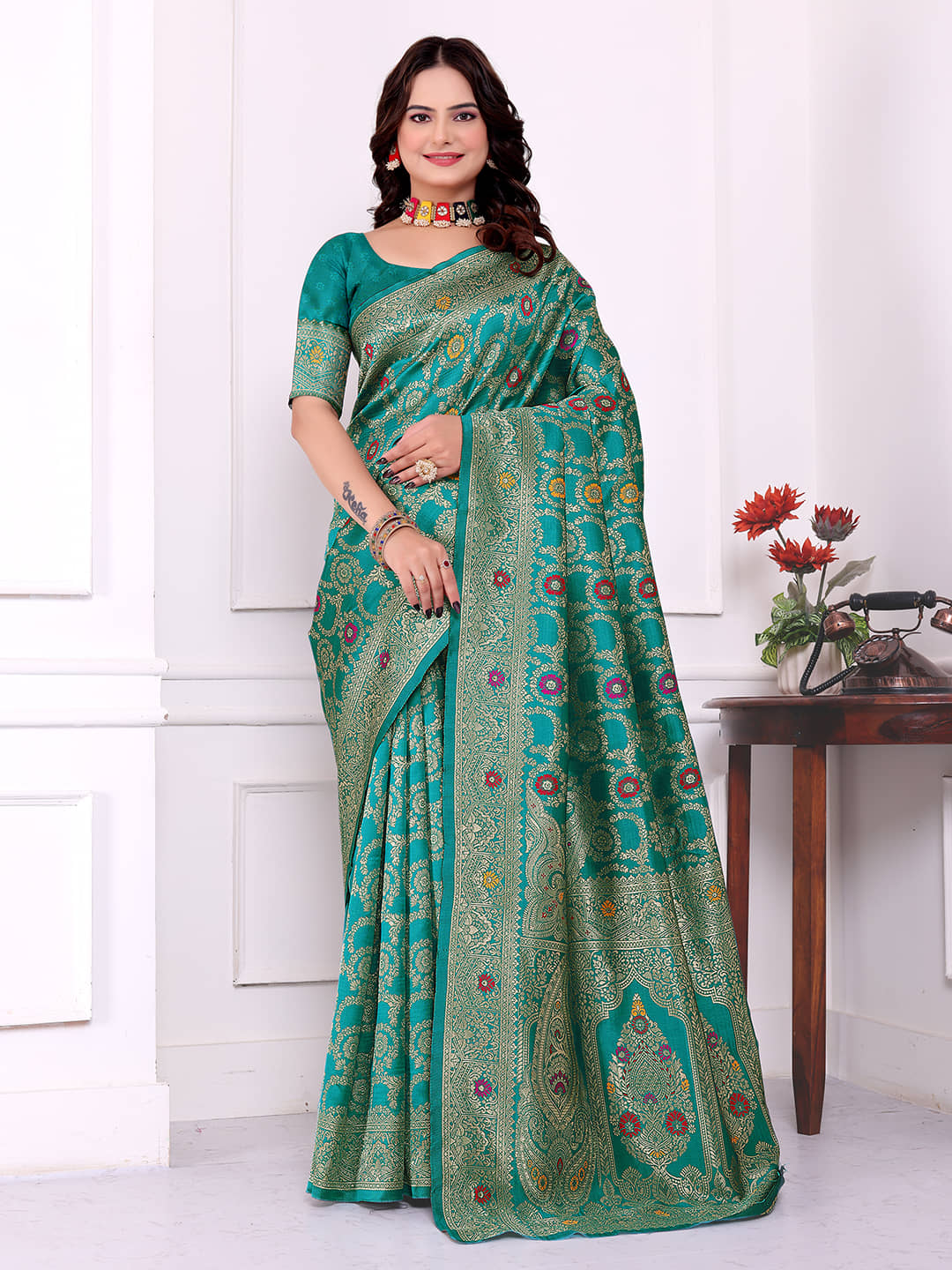 Kanooda Prints Silk Blend Embellished Banarasi saree With Unstitched Blouse Piece ( Multicolor 1 ) - Sarees | Buy online on ZillyBuy