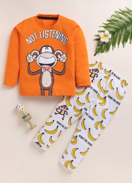     			Lazy Shark Pack of 1 Boys Cotton Blend Nightsuit Set ( Orange )