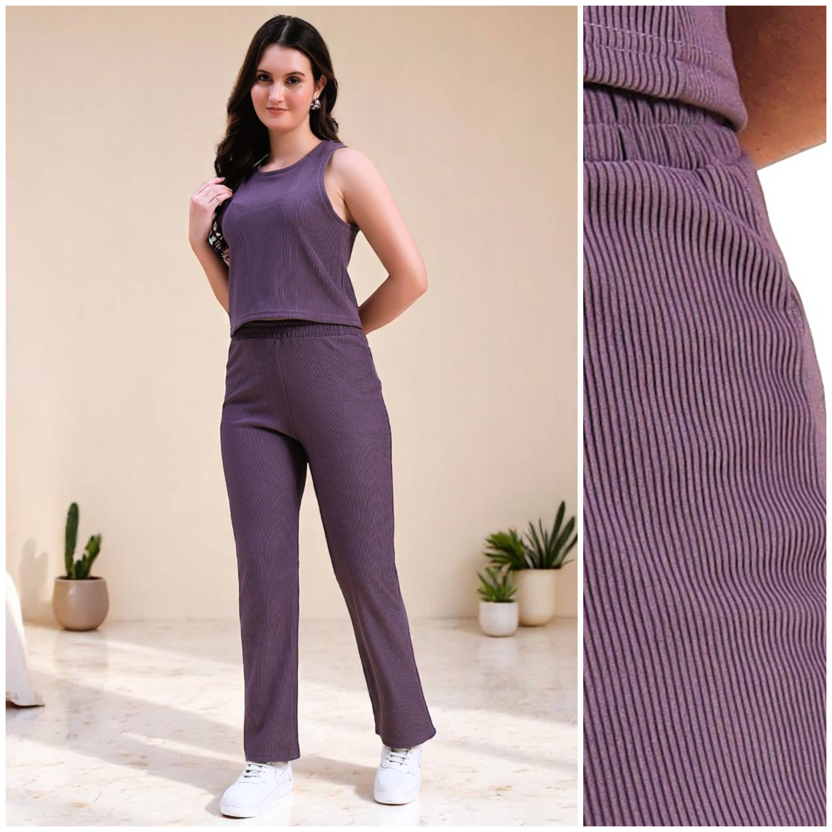 Leewan Women Self Design T-Shirt With Trousers Co-Ord Set ( Lavender )