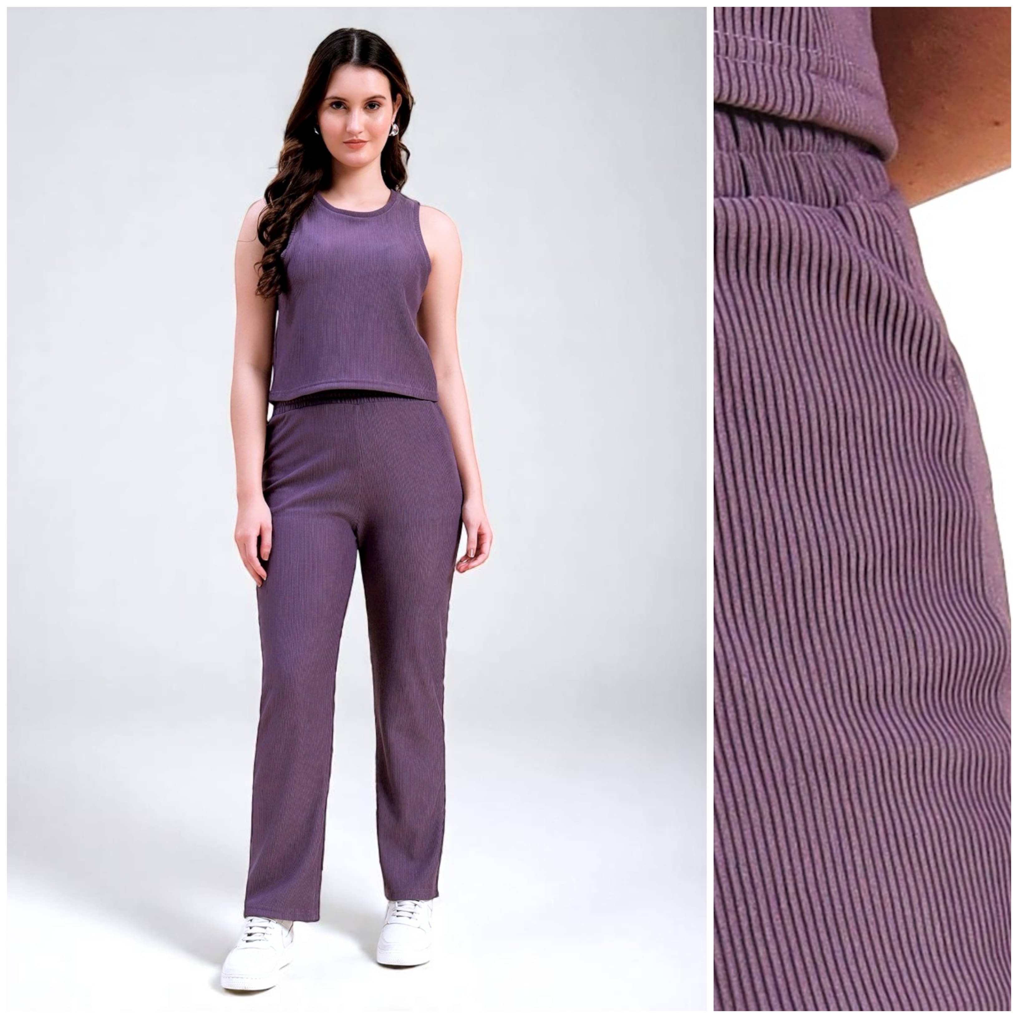     			Leewan Women Solid T-Shirt With Trousers Co-Ord Set ( Lavender )