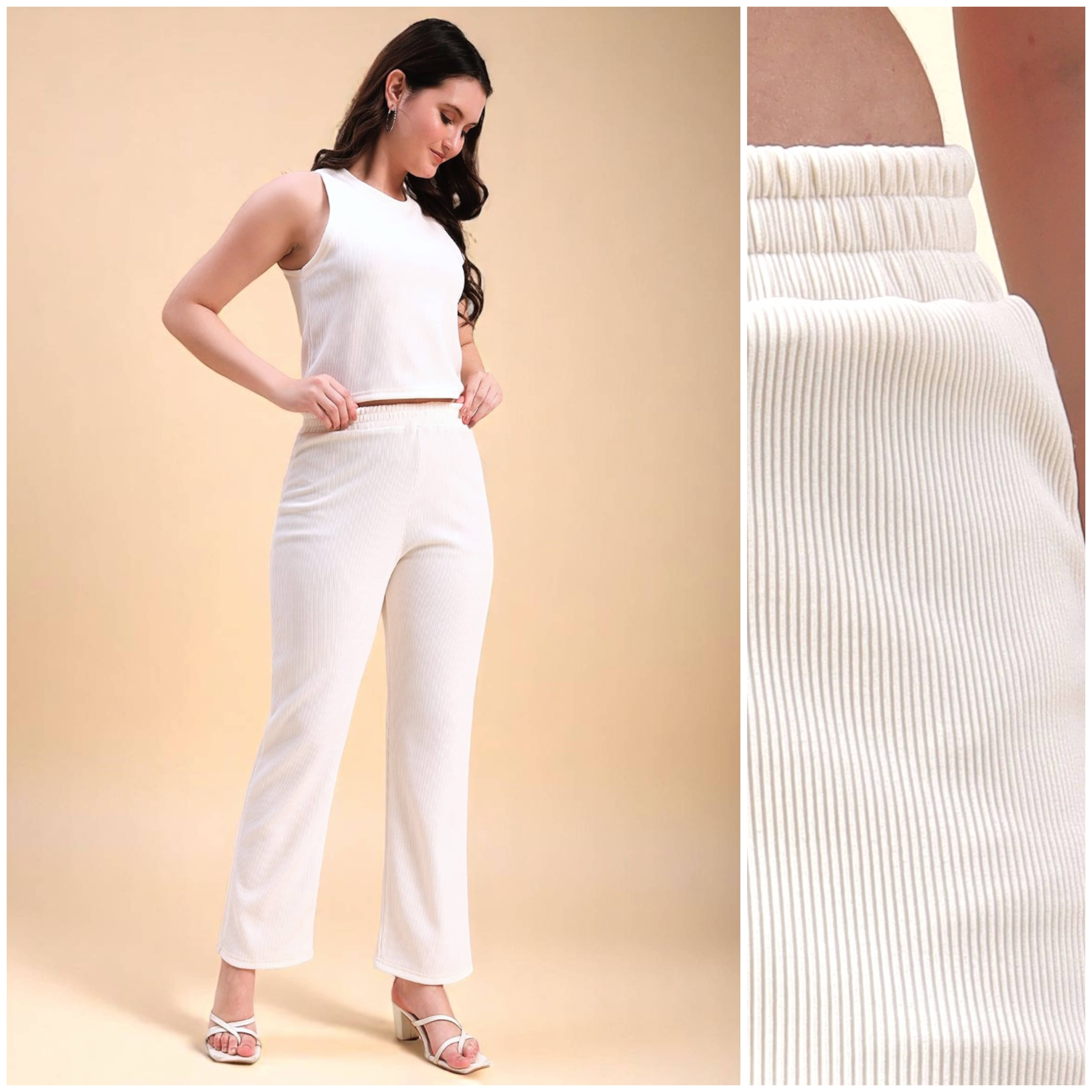     			Leewan Women Solid T-Shirt With Trousers Co-Ord Set ( Cream )