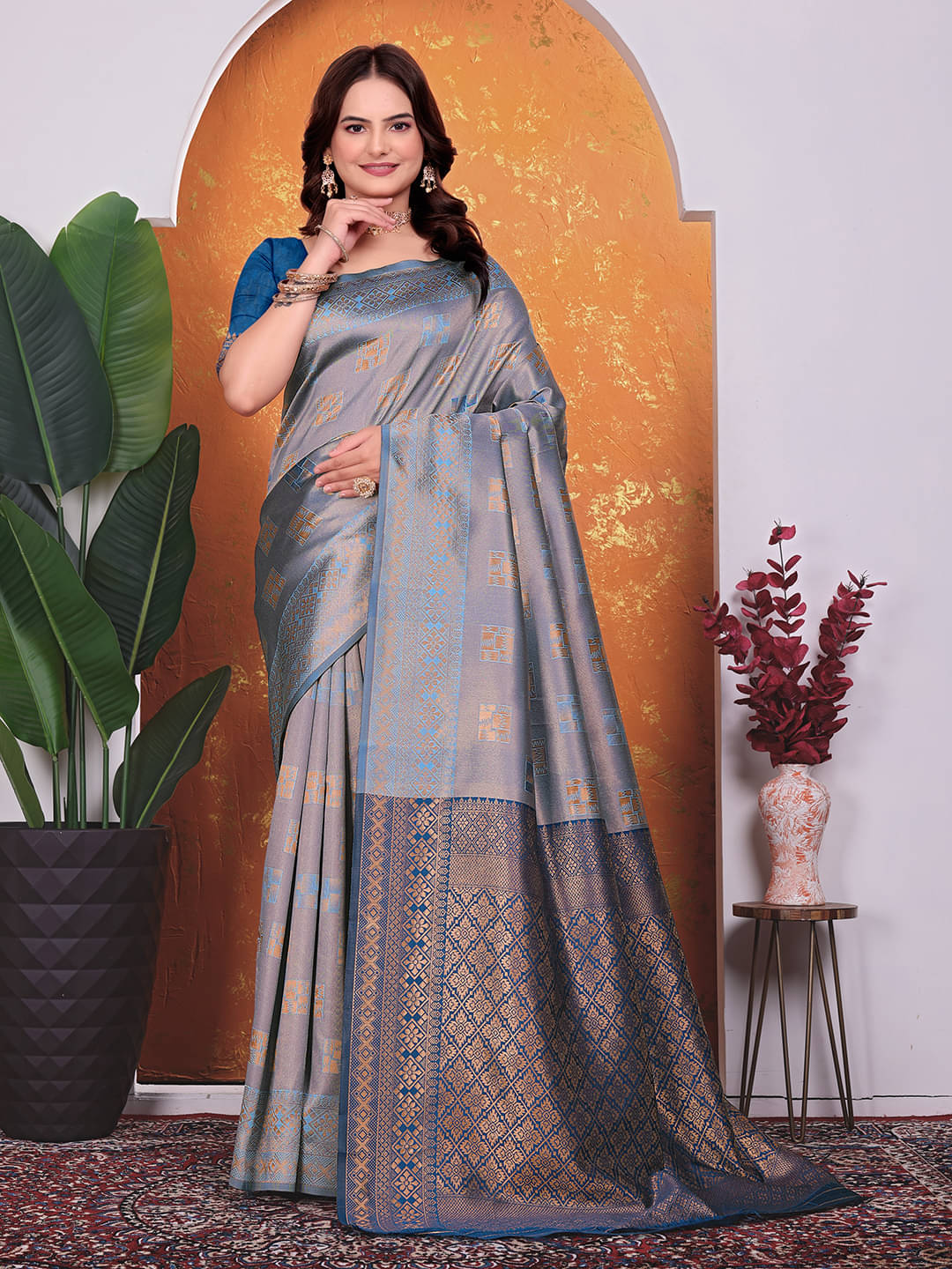 Maayro Silk Blend Embellished Banarasi saree With Unstitched Blouse Piece ( Grey ) Maayro Silk Blend Embellished Banarasi saree With Unstitched Blouse Piece ( Grey )