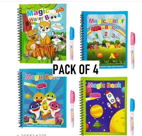     			Reusable Magic Water Coloring Book for Kids – Quick-Dry Doodle & Painting Activity Pad with Magic Pen | Educational Drawing Book (Pack of 4)