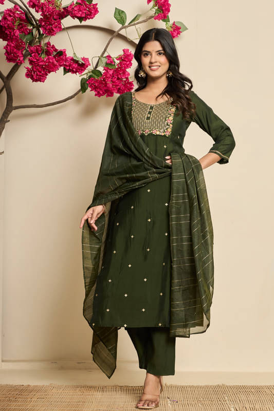     			SUAAC Women Silk Blend Embroidered Straight Kurti With Palazzo ( Green )