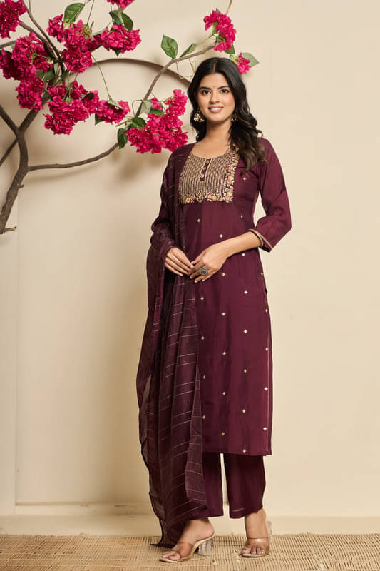     			SUAAC Women Silk Blend Embroidered Straight Kurti With Palazzo ( Wine )