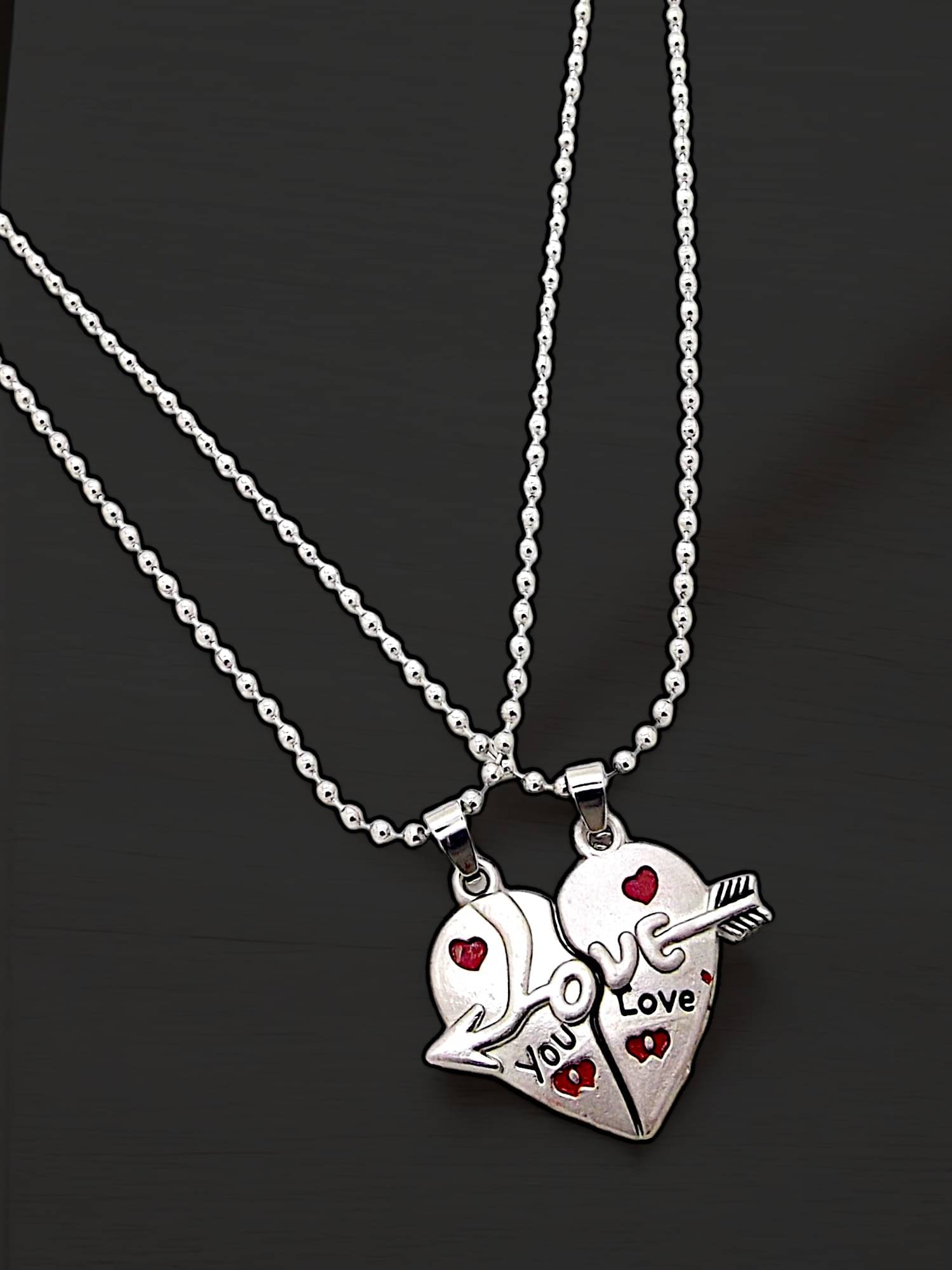     			Set Of 2 Silver-Toned Love You Broken Heart-Shaped Pendant With Chain