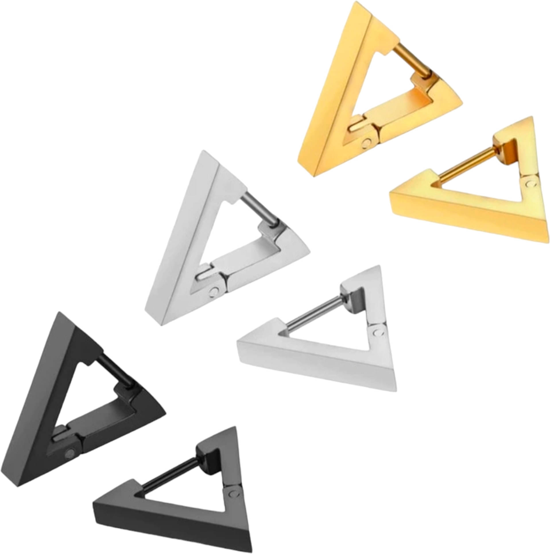 Shree Ju Trendy Black Silver Gold Triangle Shape Hinged Bali Combo For Men Women (3 Sets) Shree Ju Trendy Black Silver Gold Triangle Shape Hinged Bali Combo For Men Women (3 Sets)