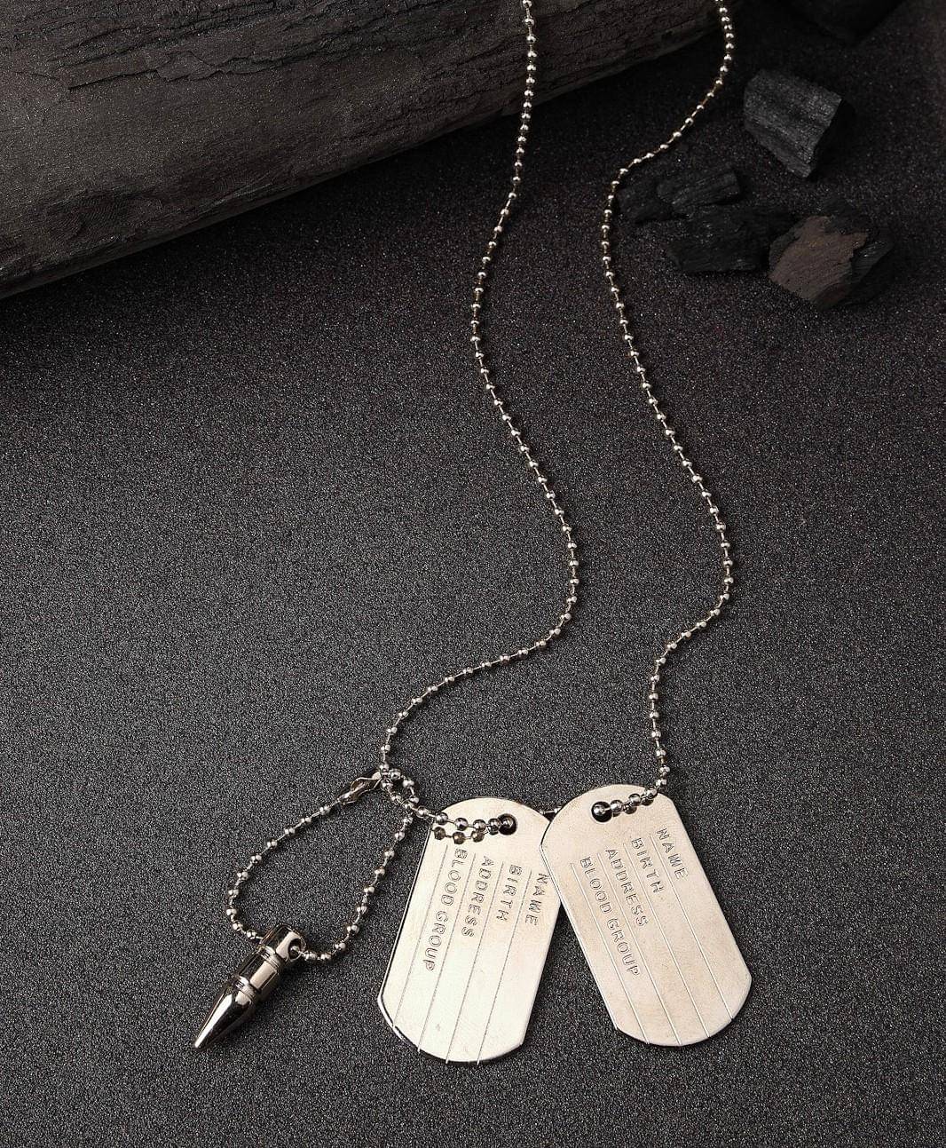     			Silver Plated Metal Fancy Army Dog Tag Men's Chain with Pendant