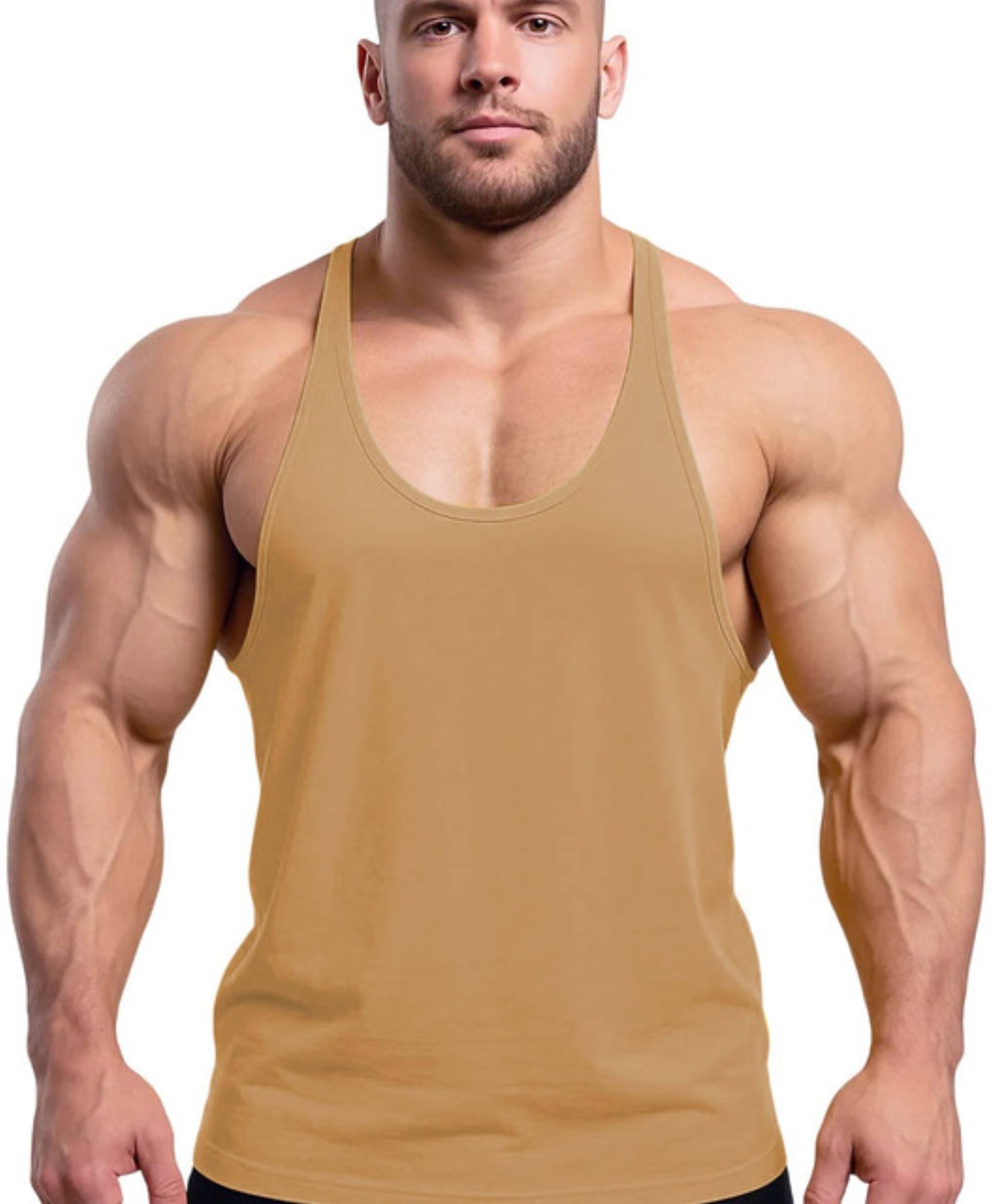     			THE BLAZZE Beige Cotton Blend Regular Fit Men Gym Tank Top