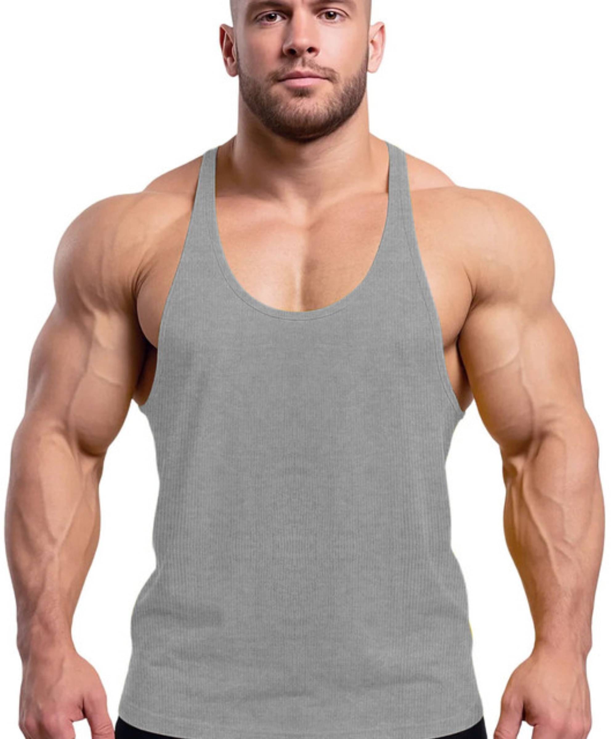     			THE BLAZZE Grey Cotton Blend Regular Fit Men Gym Tank Top